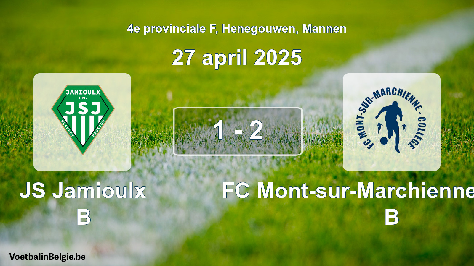 Gespeelde wedstrijd mannenvoetbal: JS Jamioulx B - FC Mont-sur-Marchienne Collège B 1 - 2 (27 april 2025)