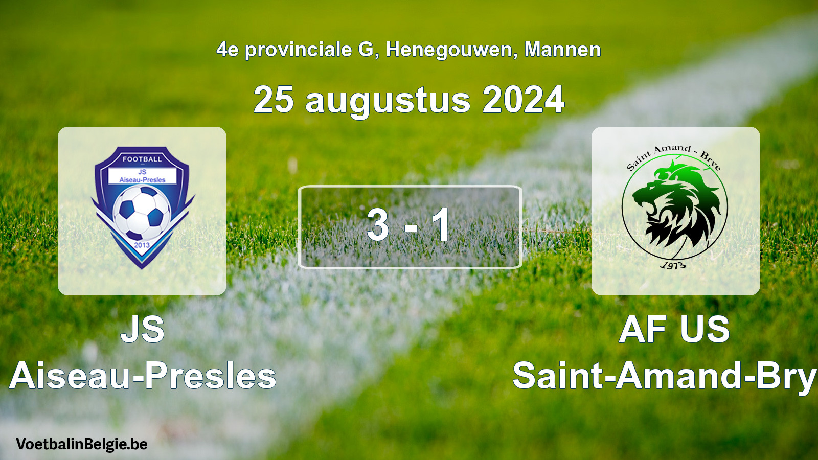 Gespeelde wedstrijd mannenvoetbal: JS Aiseau-Presles - AF US Saint-Amand-Brye 3 - 1 (25 augustus 2024)