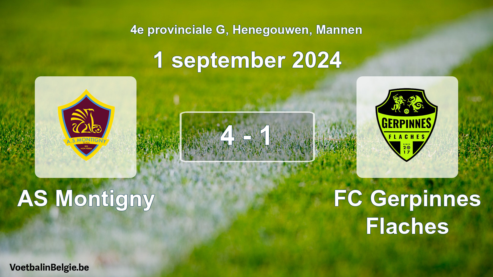 Gespeelde wedstrijd mannenvoetbal: AS Montigny - FC Gerpinnes Flaches 4 - 1 (1 september 2024)