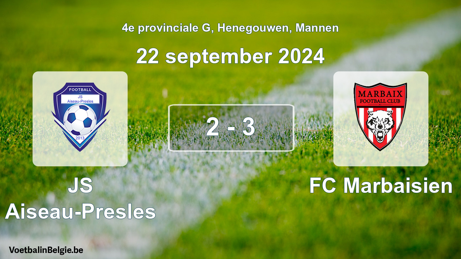 Gespeelde wedstrijd mannenvoetbal: JS Aiseau-Presles - FC Marbaisien 2 - 3 (22 september 2024)