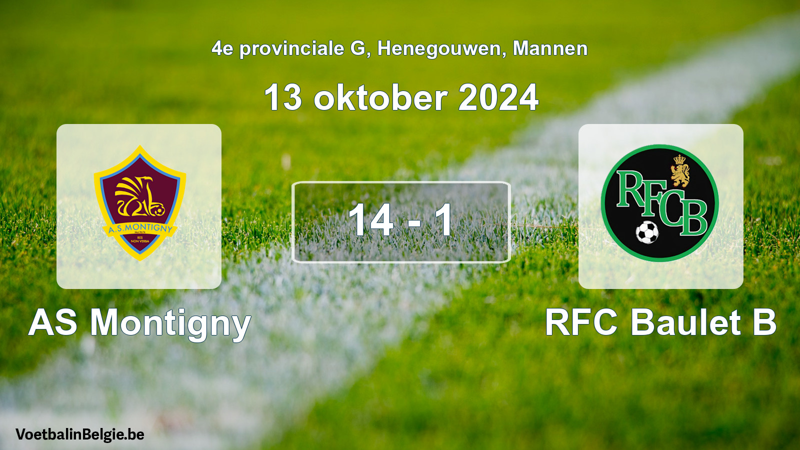 Gespeelde wedstrijd mannenvoetbal: AS Montigny - RFC Baulet B 14 - 1 (13 oktober 2024)