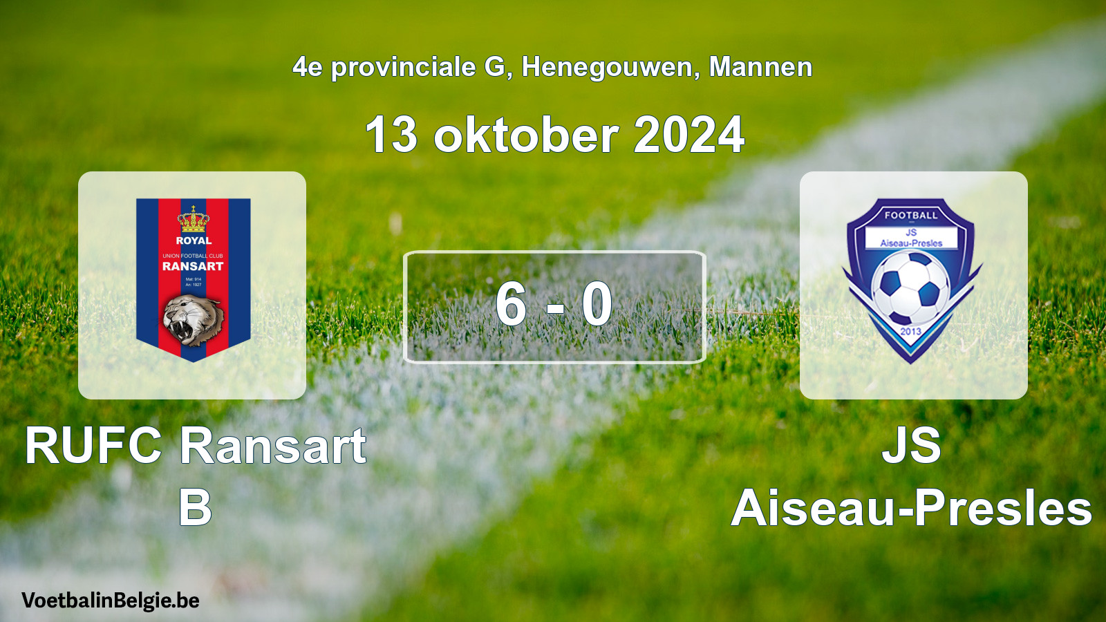 Gespeelde wedstrijd mannenvoetbal: RUFC Ransart B - JS Aiseau-Presles 6 - 0 (13 oktober 2024)
