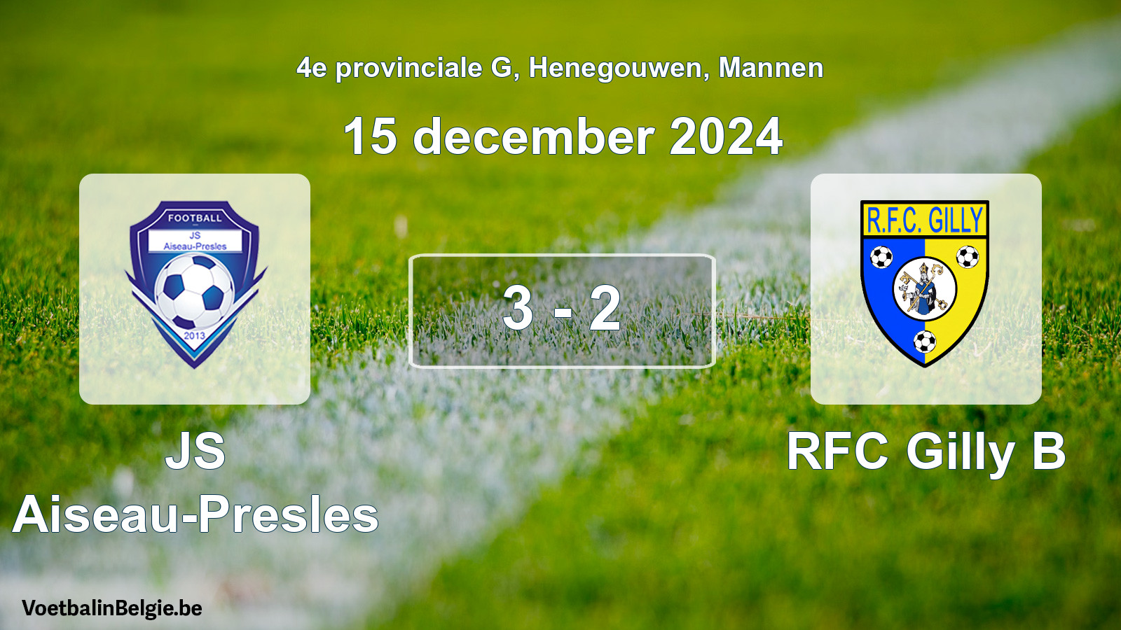 Gespeelde wedstrijd mannenvoetbal: JS Aiseau-Presles - RFC Gilly B 3 - 2 (15 december 2024)