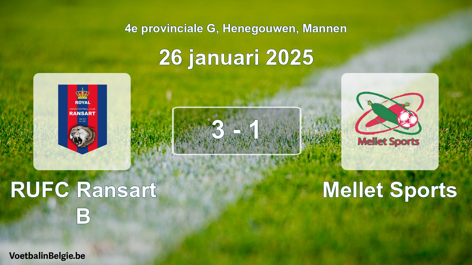 Gespeelde wedstrijd mannenvoetbal: RUFC Ransart B - Mellet Sports 3 - 1 (26 januari 2025)