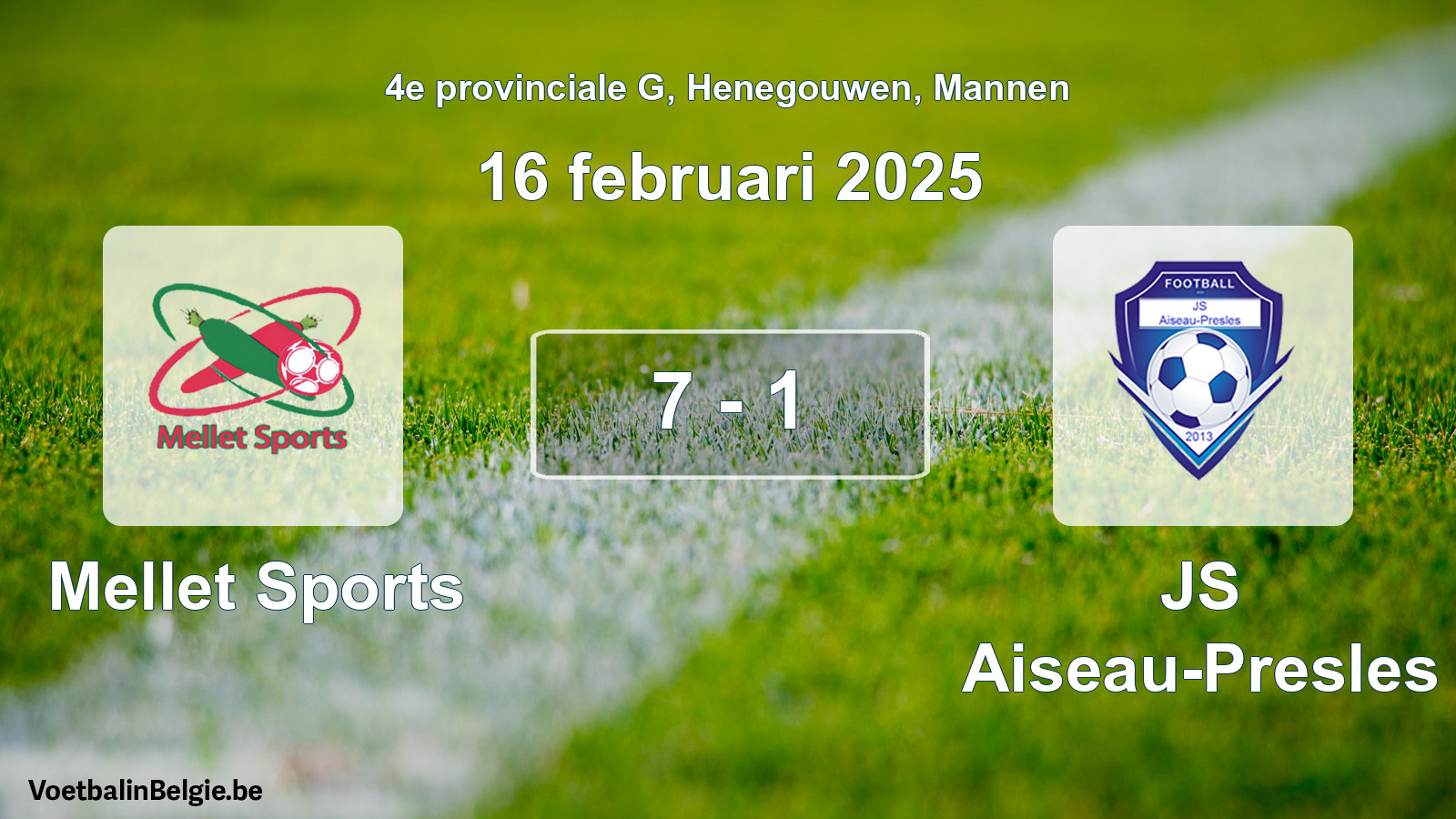 Gespeelde wedstrijd mannenvoetbal: Mellet Sports - JS Aiseau-Presles 7 - 1 (16 februari 2025)
