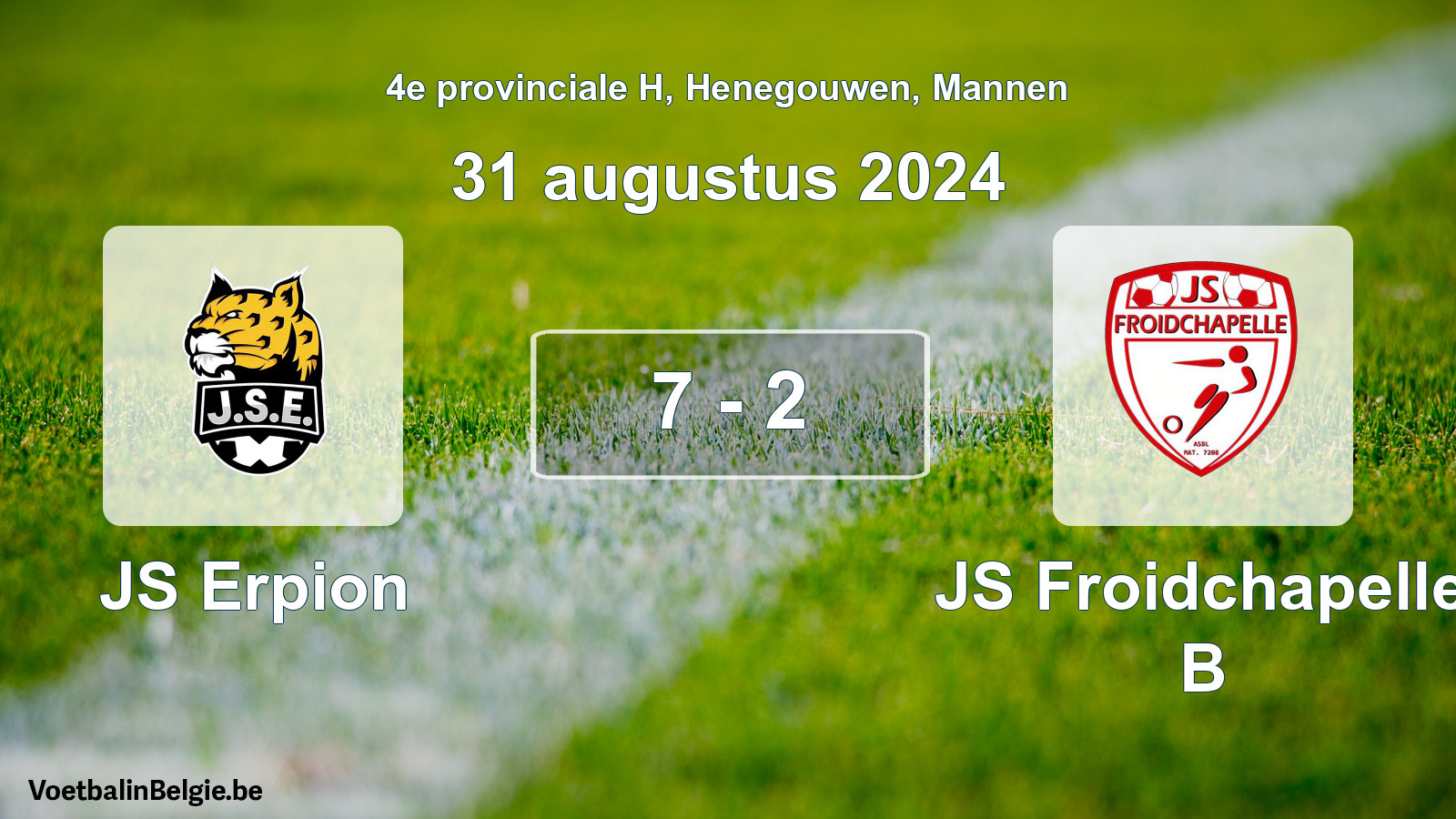 Gespeelde wedstrijd mannenvoetbal: JS Erpion - JS Froidchapelle B 7 - 2 (31 augustus 2024)