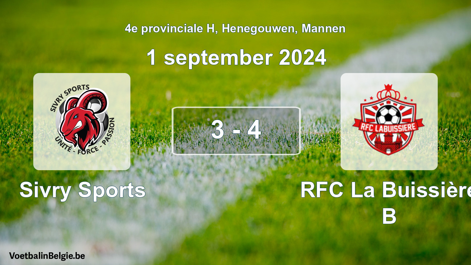 Gespeelde wedstrijd mannenvoetbal: Sivry Sports - RFC La Buissière B 3 - 4 (1 september 2024)