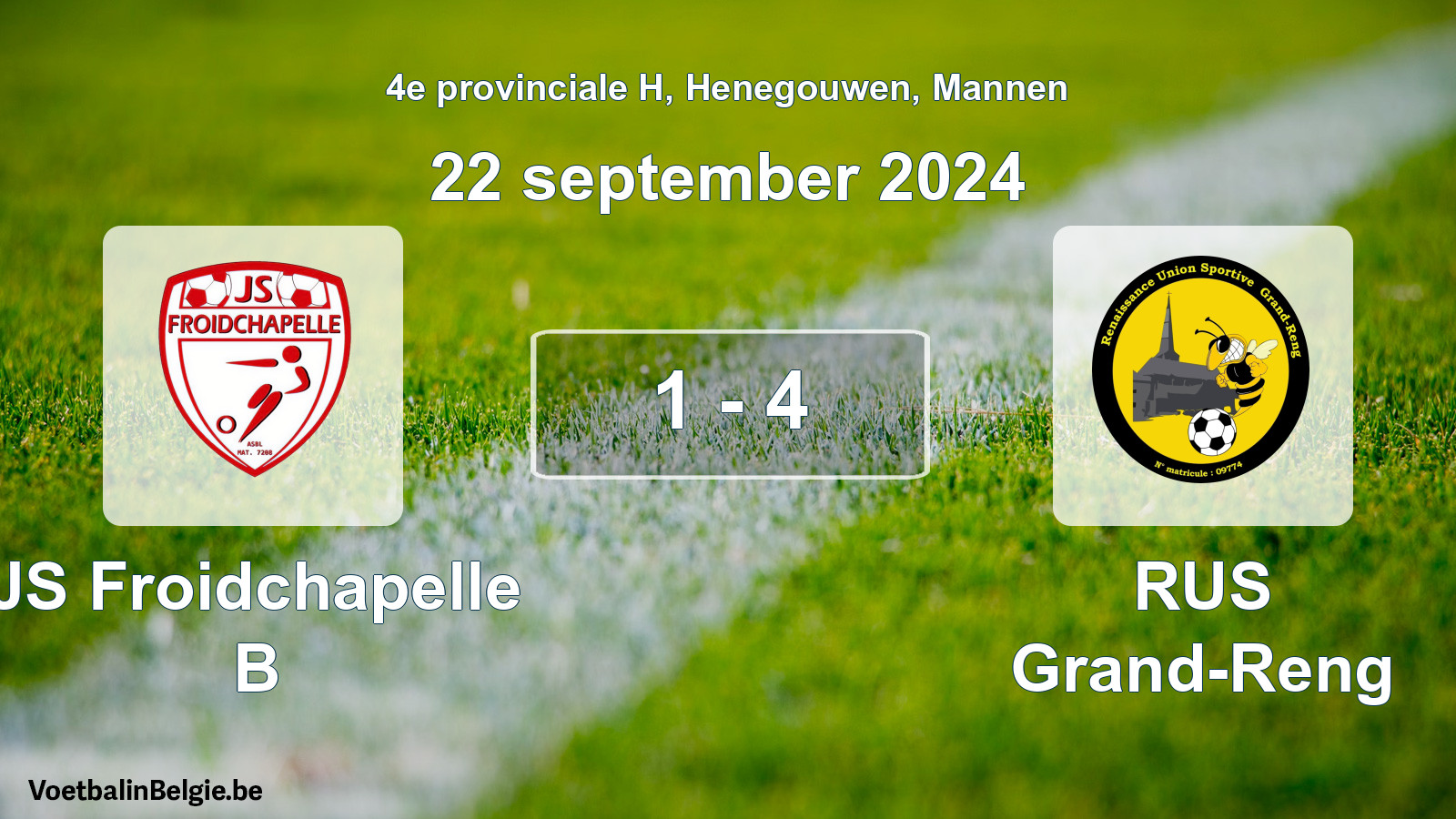 Gespeelde wedstrijd mannenvoetbal: JS Froidchapelle B - RUS Grand-Reng 1 - 4 (22 september 2024)