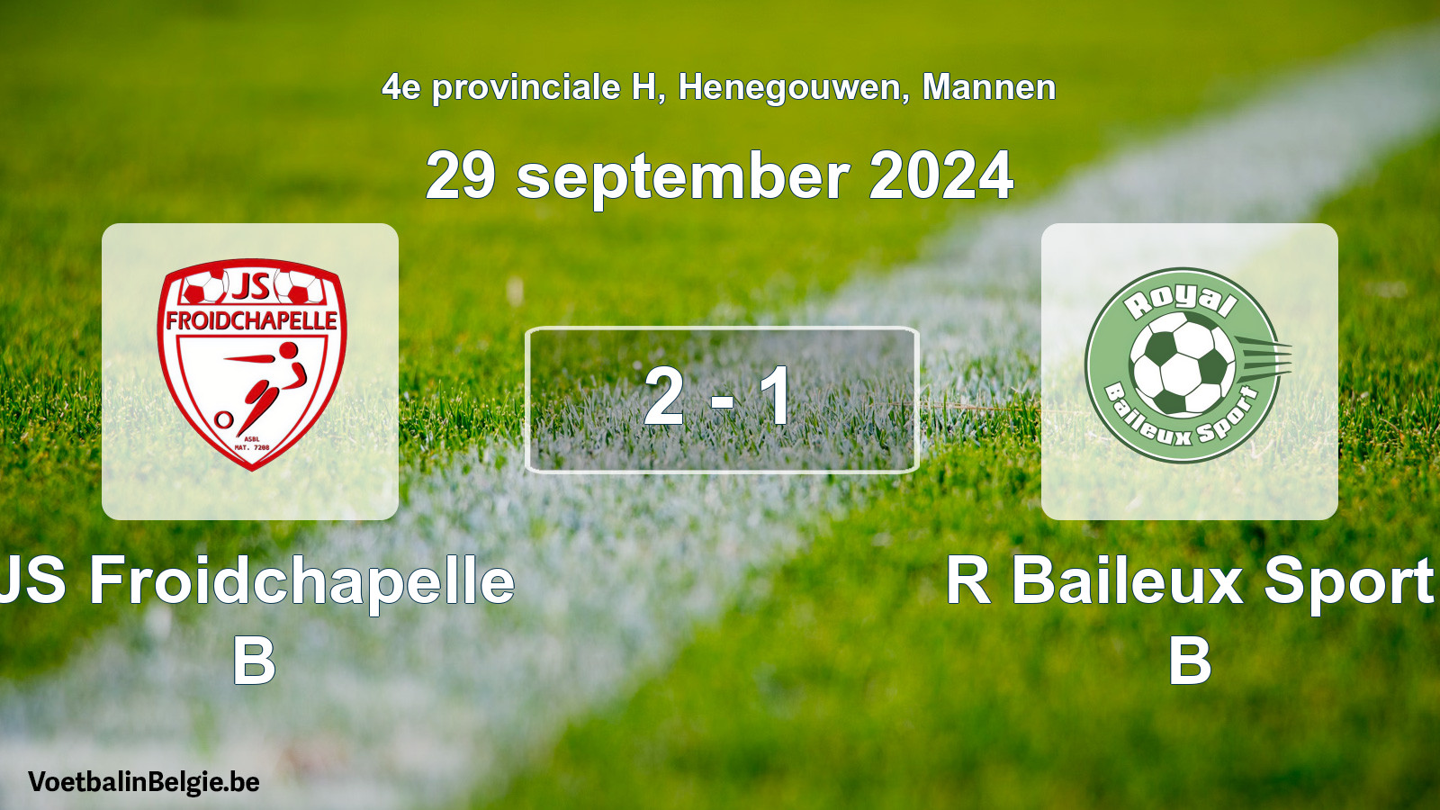 Gespeelde wedstrijd mannenvoetbal: JS Froidchapelle B - R Baileux Sport B 2 - 1 (29 september 2024)