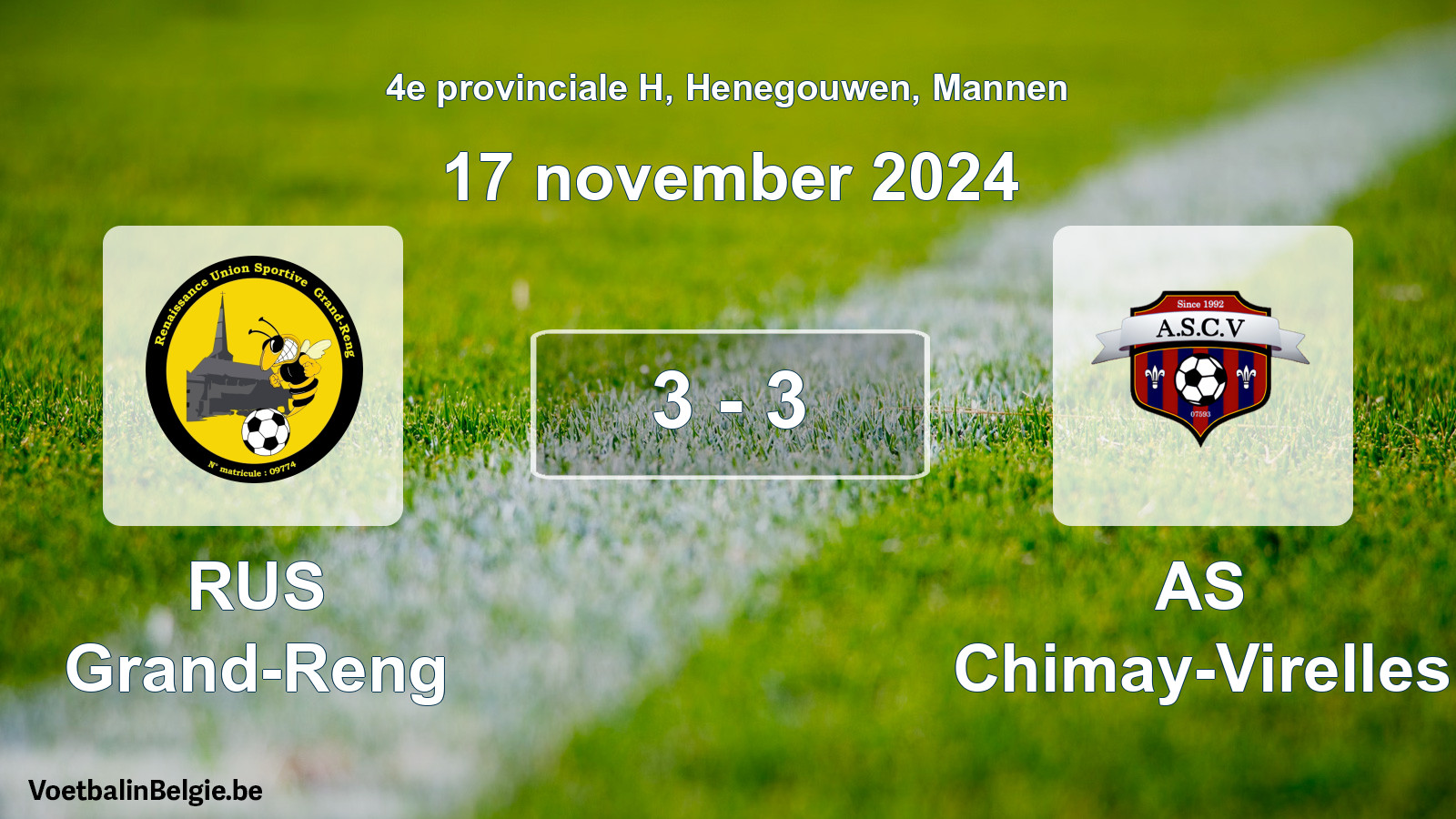 Gespeelde wedstrijd mannenvoetbal: RUS Grand-Reng - AS Chimay-Virelles 3 - 3 (17 november 2024)