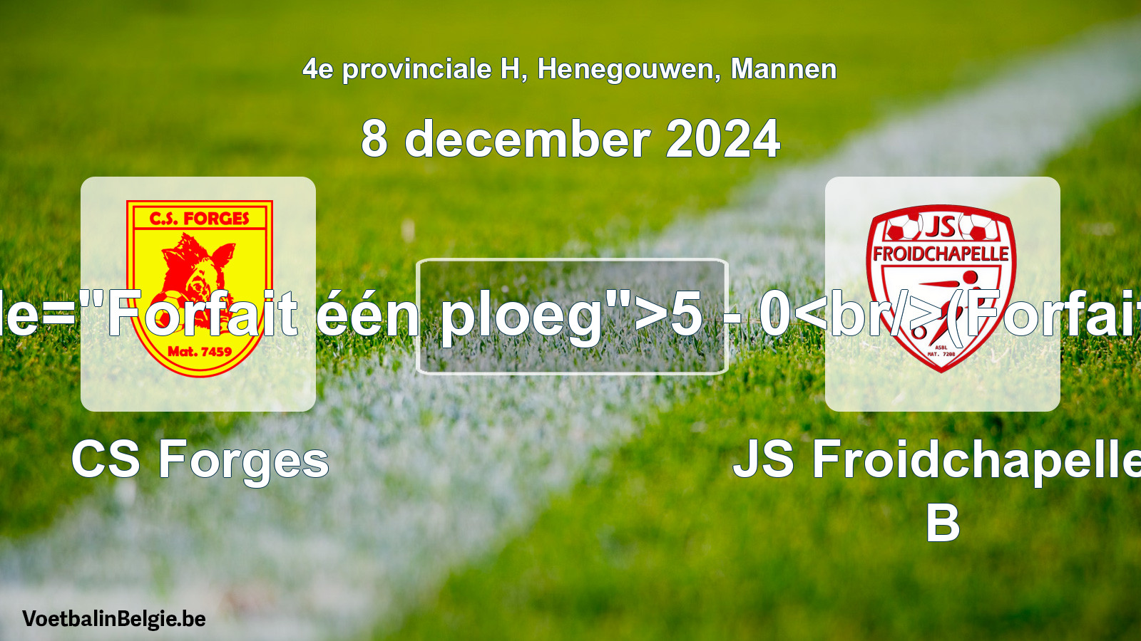 Forfait gegeven: CS Forges - JS Froidchapelle B 5 - 0 (8 december 2024)