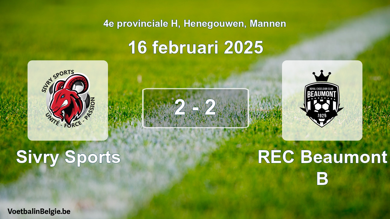 Gespeelde wedstrijd mannenvoetbal: Sivry Sports - REC Beaumont B 2 - 2 (16 februari 2025)