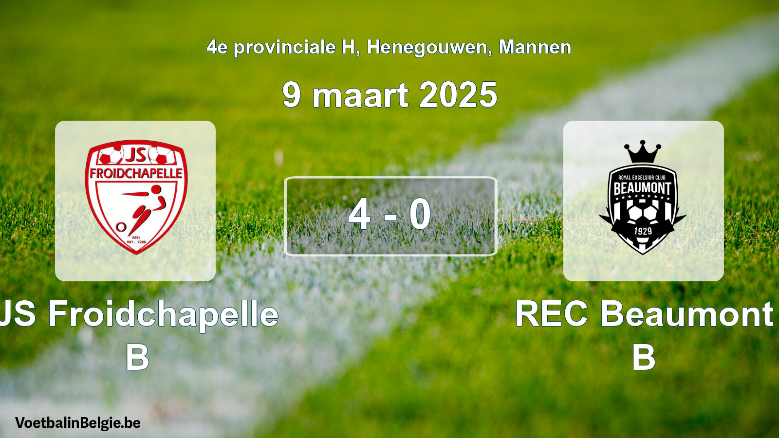 Gespeelde wedstrijd mannenvoetbal: JS Froidchapelle B - REC Beaumont B 4 - 0 (9 maart 2025)