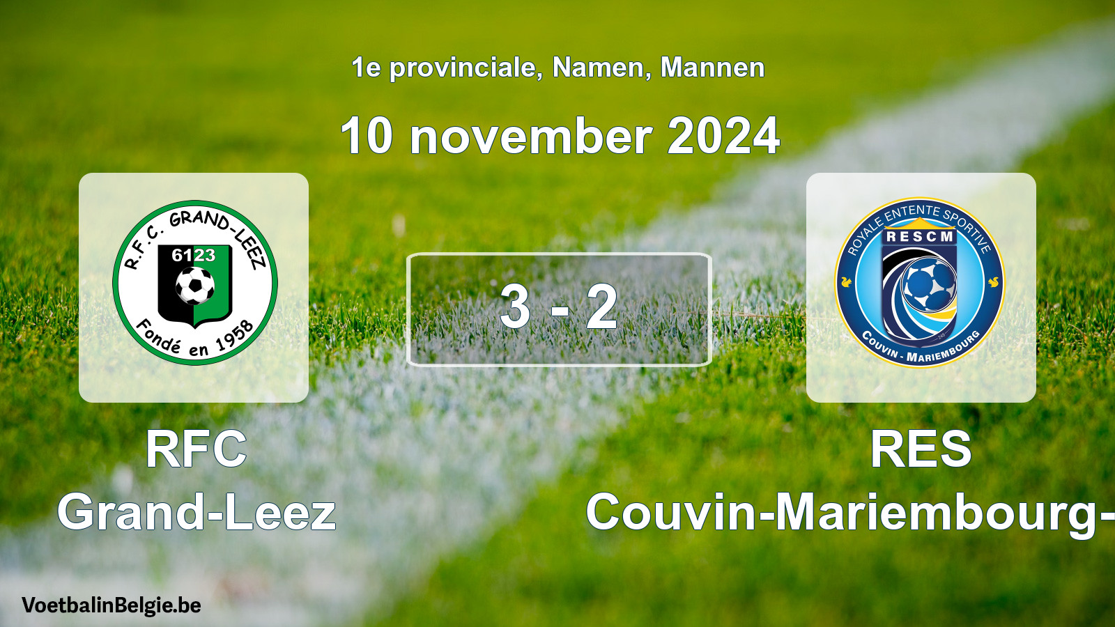 Gespeelde wedstrijd mannenvoetbal: RFC Grand-Leez - RES Couvin-Mariembourg-Fraire 3 - 2 (10 november 2024)