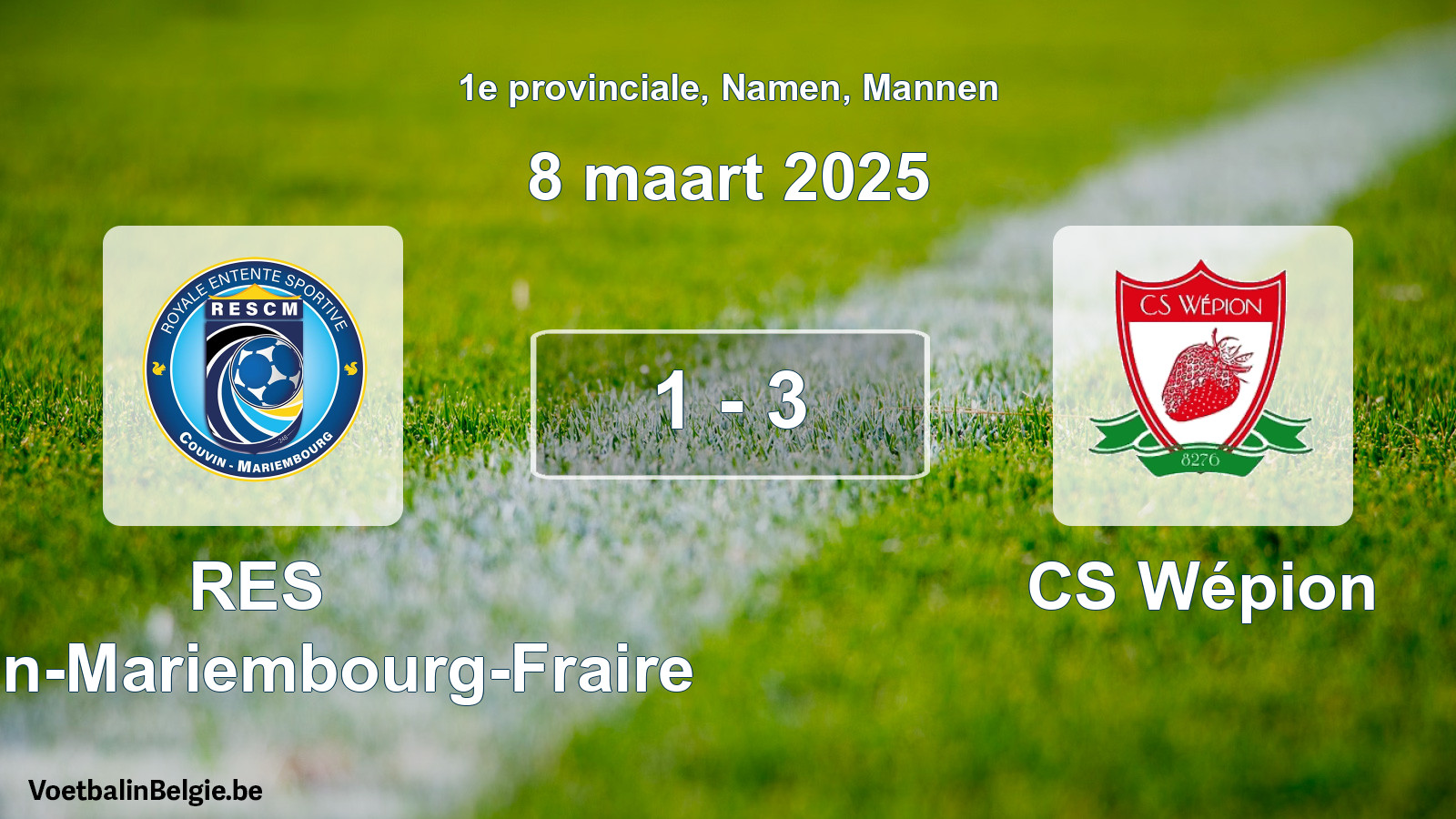 Match joué football hommes: RES Couvin-Mariembourg-Fraire - CS Wépion 1 - 3 (8 mars 2025)