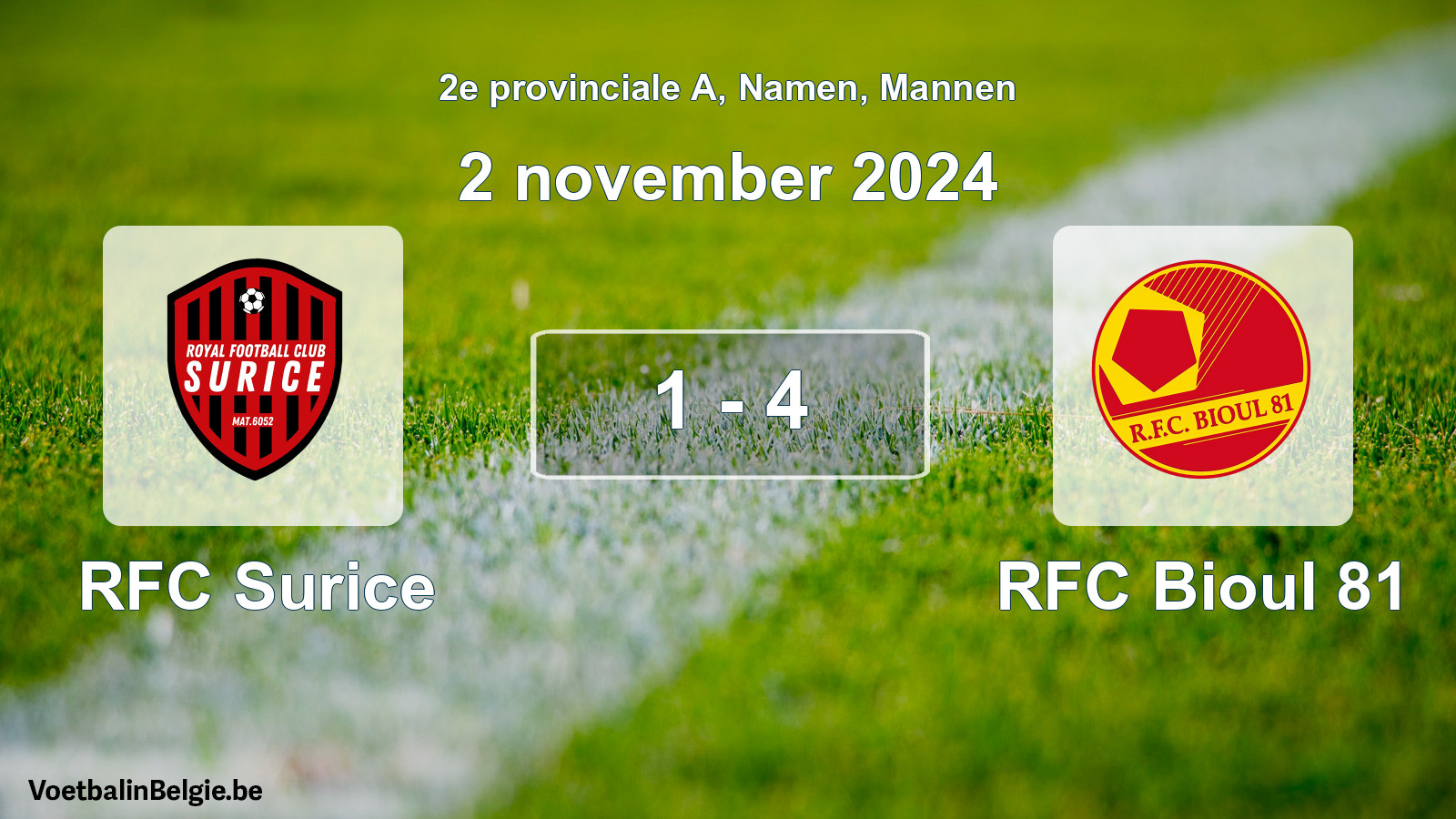 Gespeelde wedstrijd mannenvoetbal: RFC Surice - RFC Bioul 81 1 - 4 (2 november 2024)