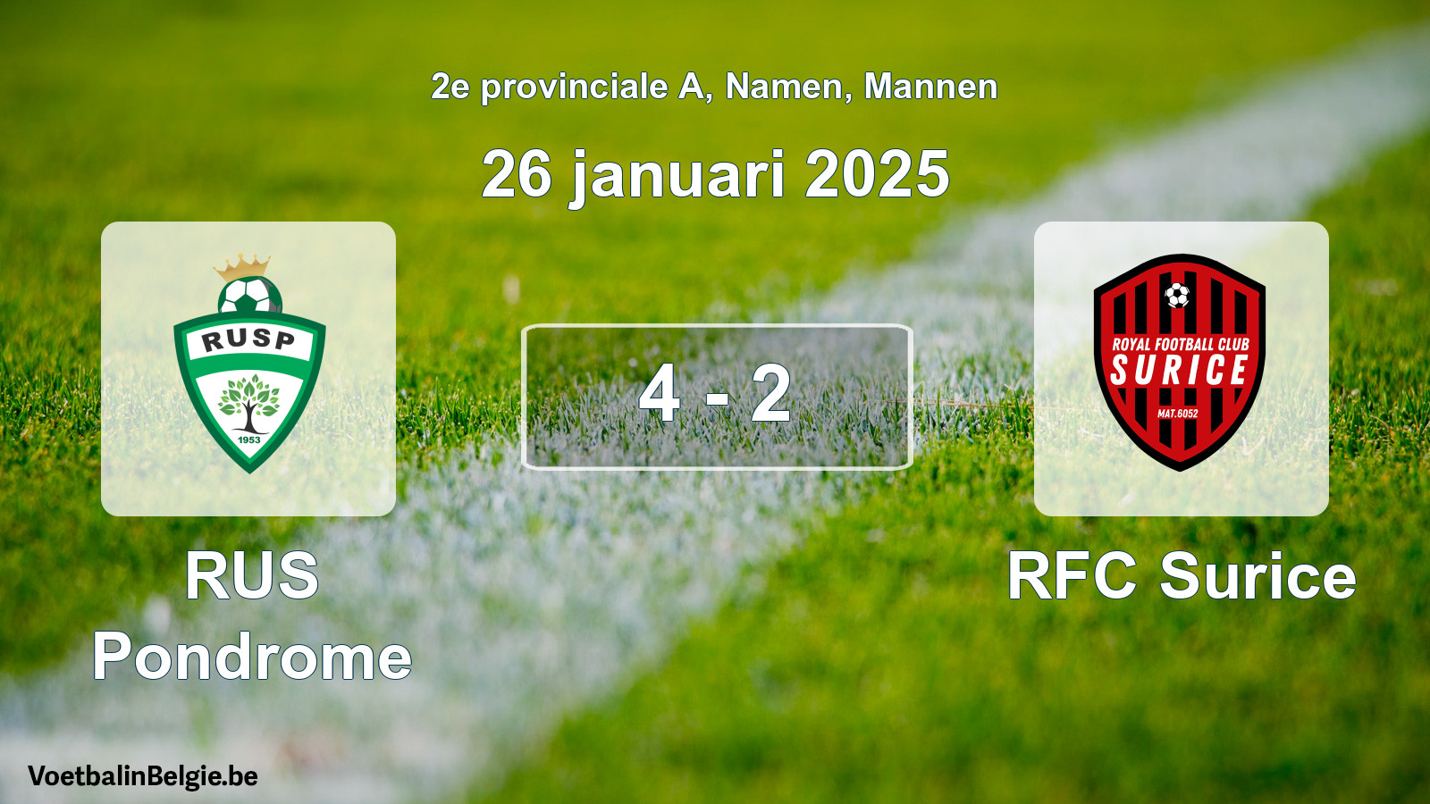 Gespeelde wedstrijd mannenvoetbal: RUS Pondrome - RFC Surice 4 - 2 (26 januari 2025)