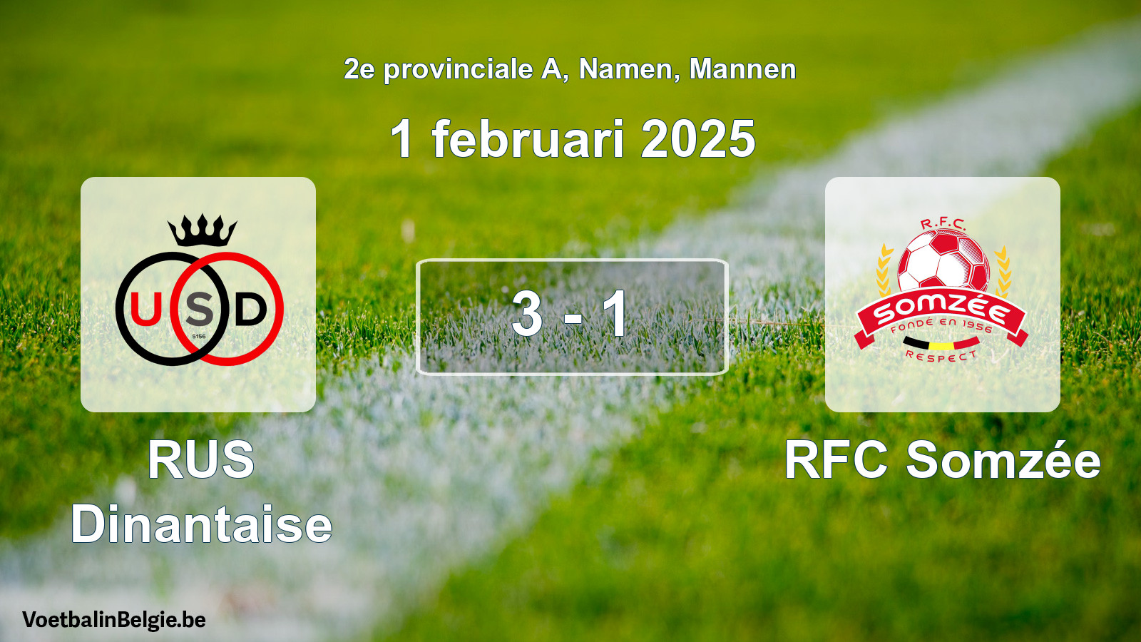 Gespeelde wedstrijd mannenvoetbal: RUS Dinantaise - RFC Somzée 3 - 1 (1 februari 2025)