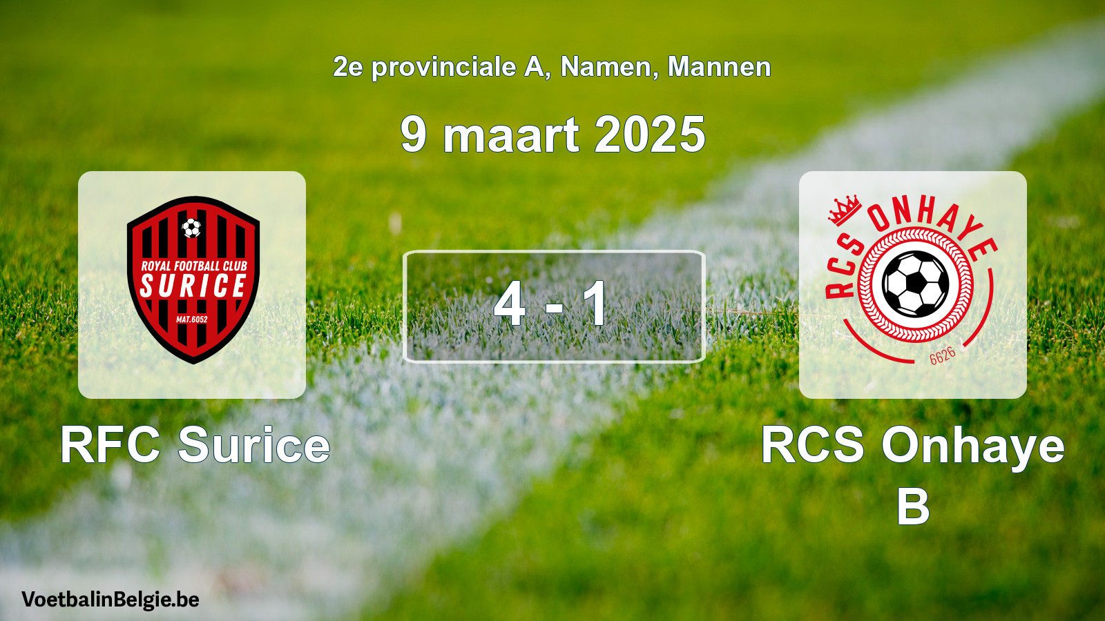 Gespeelde wedstrijd mannenvoetbal: RFC Surice - RCS Onhaye B 4 - 1 (9 maart 2025)