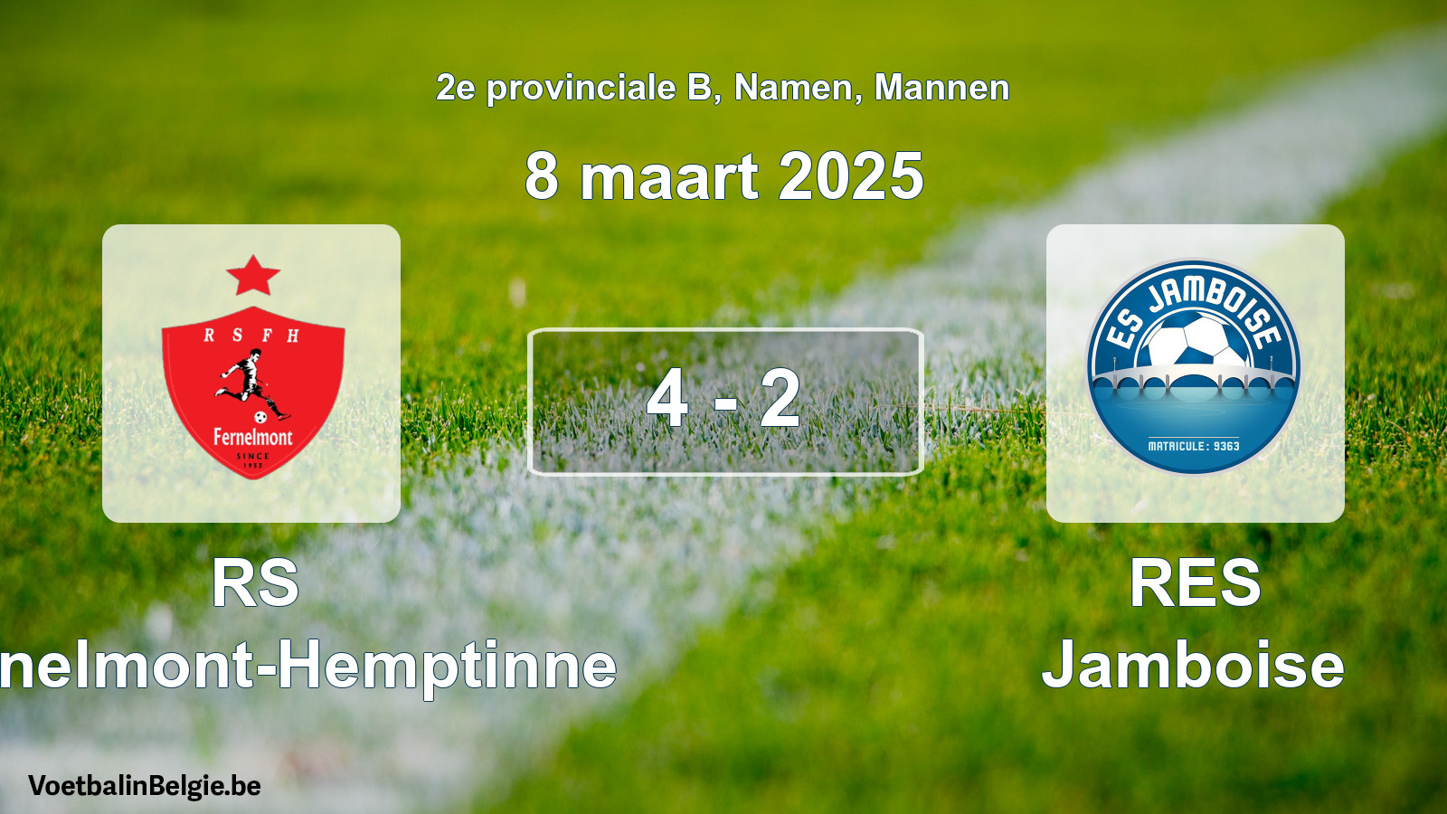 Gespeelde wedstrijd mannenvoetbal: RS Fernelmont-Hemptinne - RES Jamboise 4 - 2 (8 maart 2025)