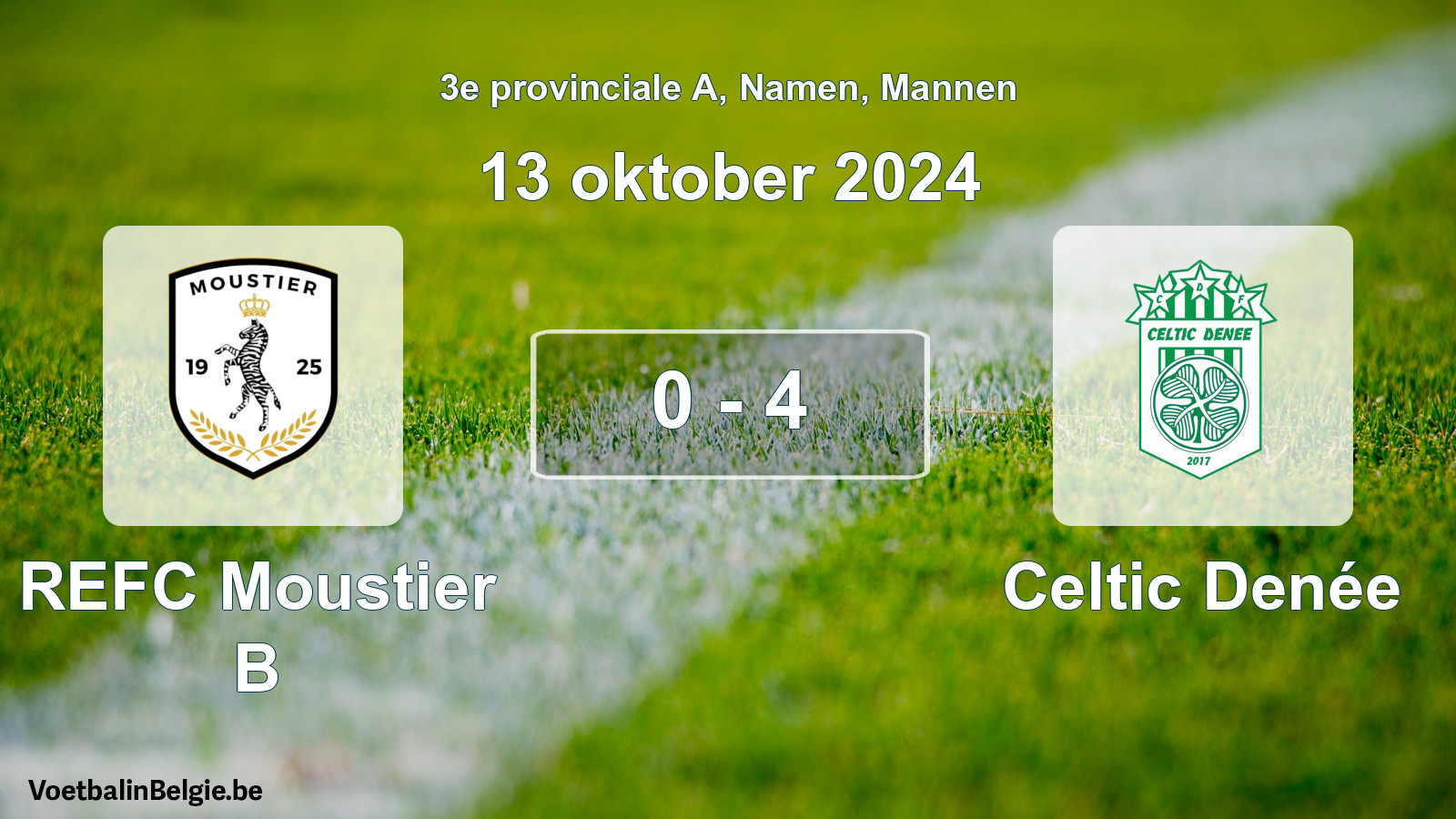 Gespeelde wedstrijd mannenvoetbal: REFC Moustier B - Celtic Denée 0 - 4 (13 oktober 2024)