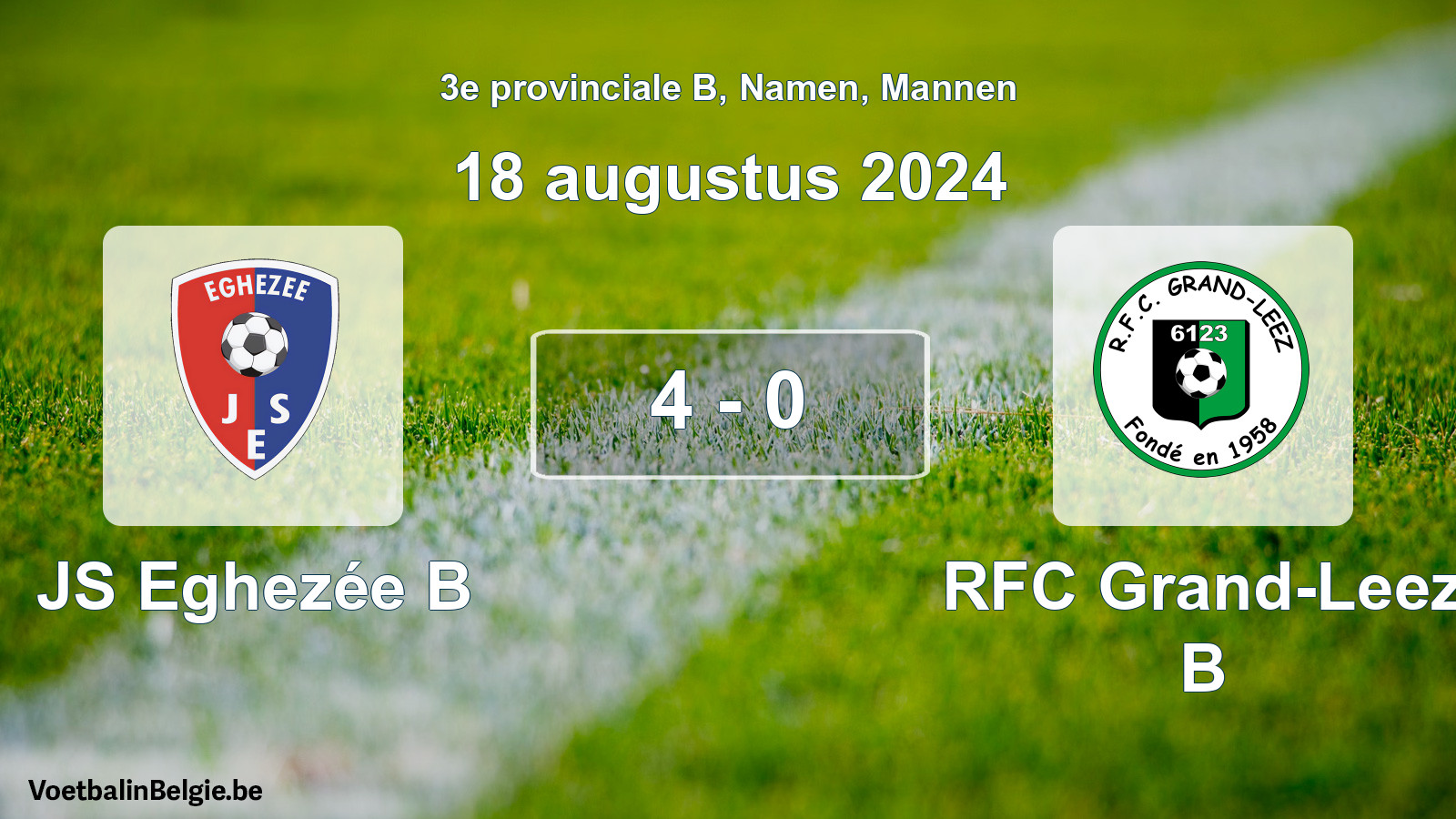 Gespeelde wedstrijd mannenvoetbal: JS Eghezée B - RFC Grand-Leez B 4 - 0 (18 augustus 2024)