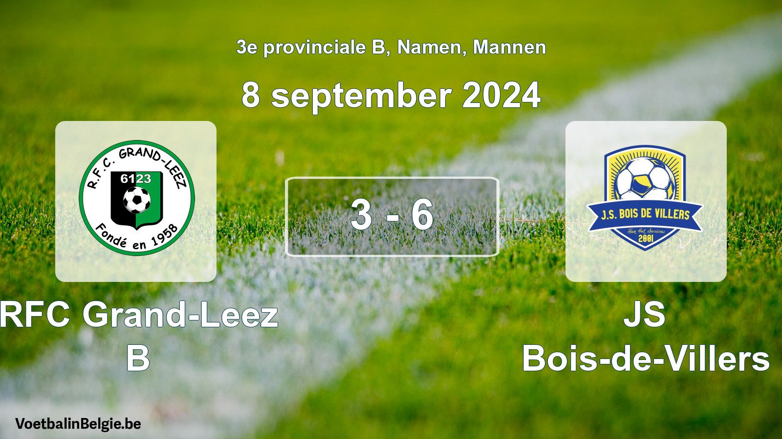 Gespeelde wedstrijd mannenvoetbal: RFC Grand-Leez B - JS Bois-de-Villers 3 - 6 (8 september 2024)