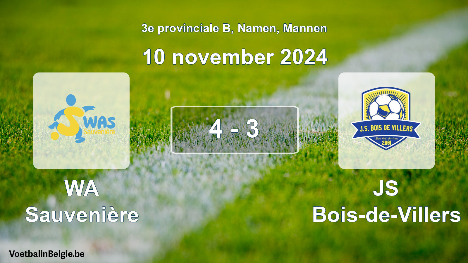 Gespeelde wedstrijd mannenvoetbal: WA Sauvenière - JS Bois-de-Villers 4 - 3 (10 november 2024)