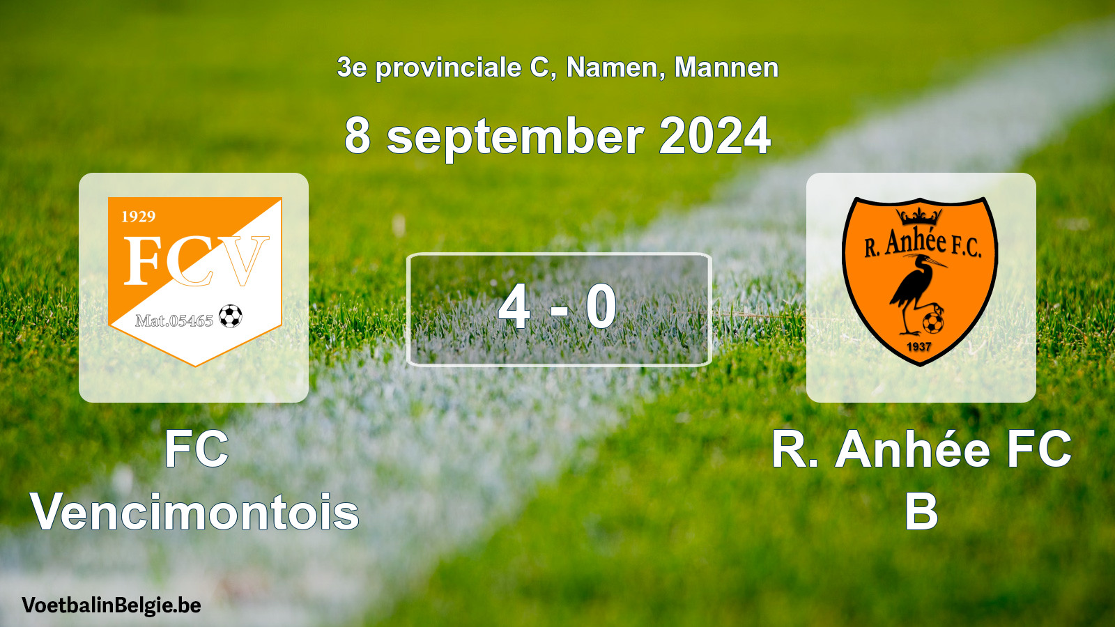 Gespeelde wedstrijd mannenvoetbal: FC Vencimontois - R. Anhée FC B 4 - 0 (8 september 2024)