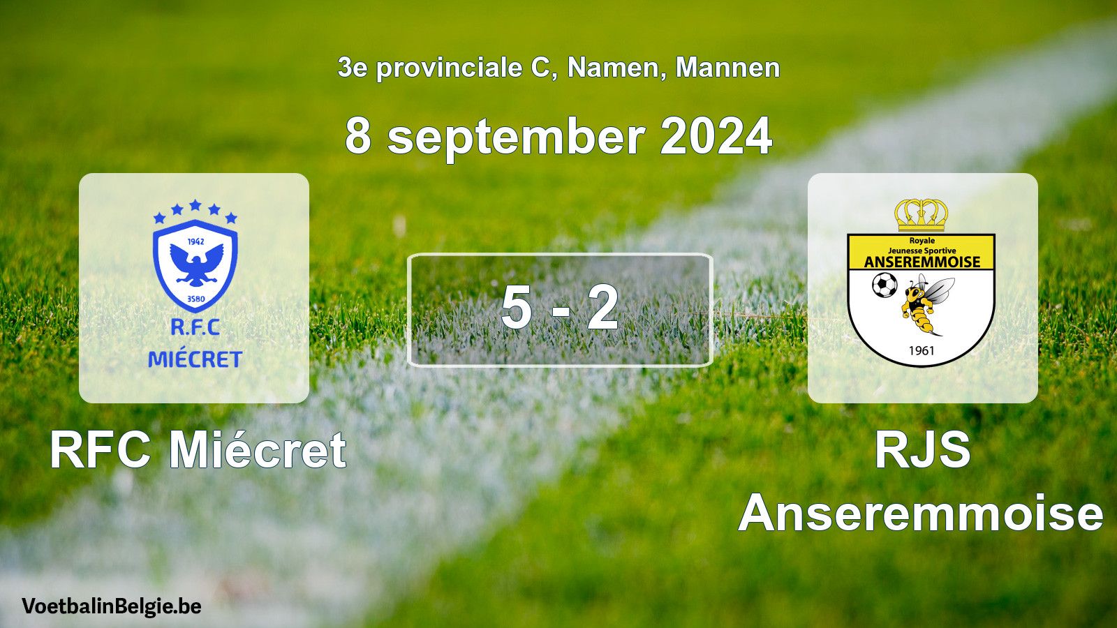 Gespeelde wedstrijd mannenvoetbal: RFC Miécret - RJS Anseremmoise 5 - 2 (8 september 2024)