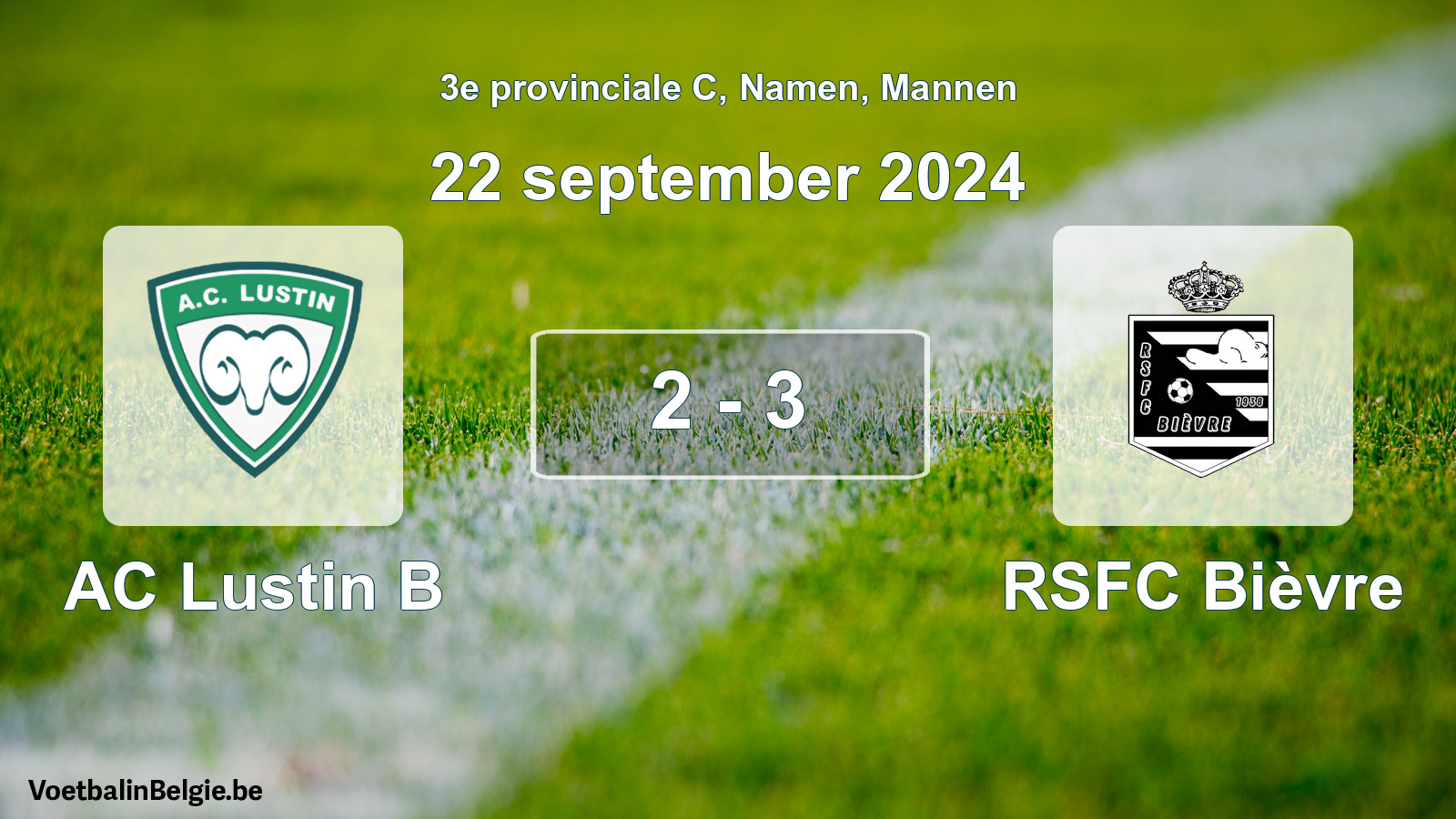 Gespeelde wedstrijd mannenvoetbal: AC Lustin B - RSFC Bièvre 2 - 3 (22 september 2024)