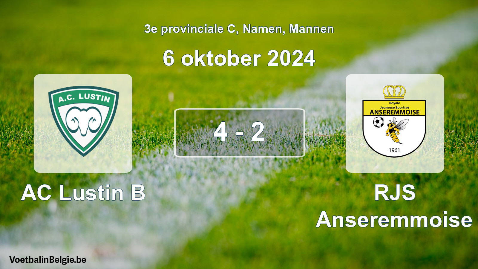 Gespeelde wedstrijd mannenvoetbal: AC Lustin B - RJS Anseremmoise 4 - 2 (6 oktober 2024)