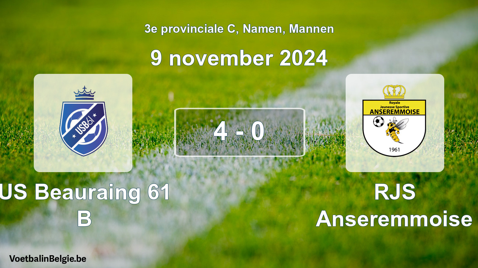 Gespeelde wedstrijd mannenvoetbal: US Beauraing 61 B - RJS Anseremmoise 4 - 0 (9 november 2024)