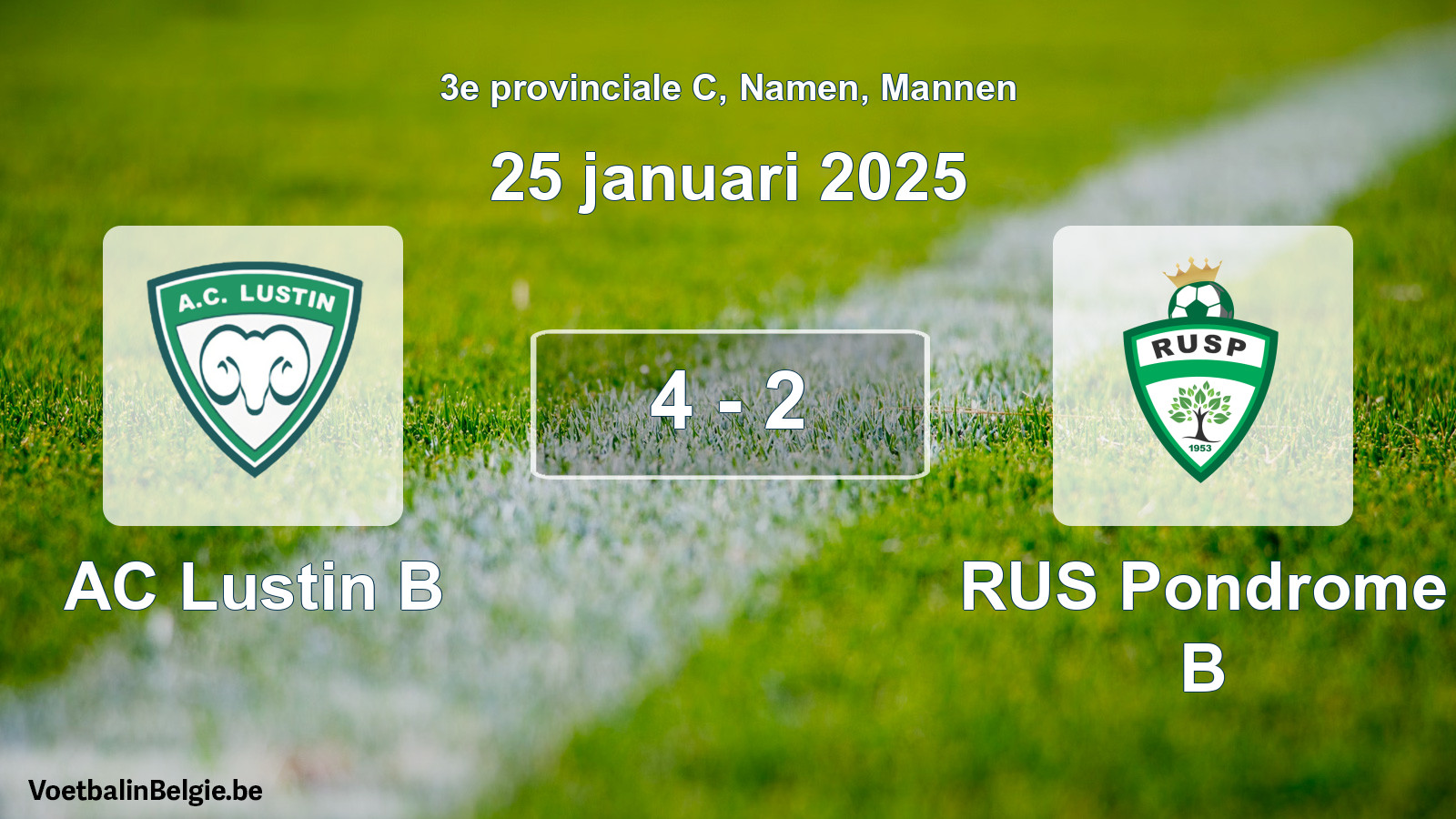 Gespeelde wedstrijd mannenvoetbal: AC Lustin B - RUS Pondrome B 4 - 2 (25 januari 2025)