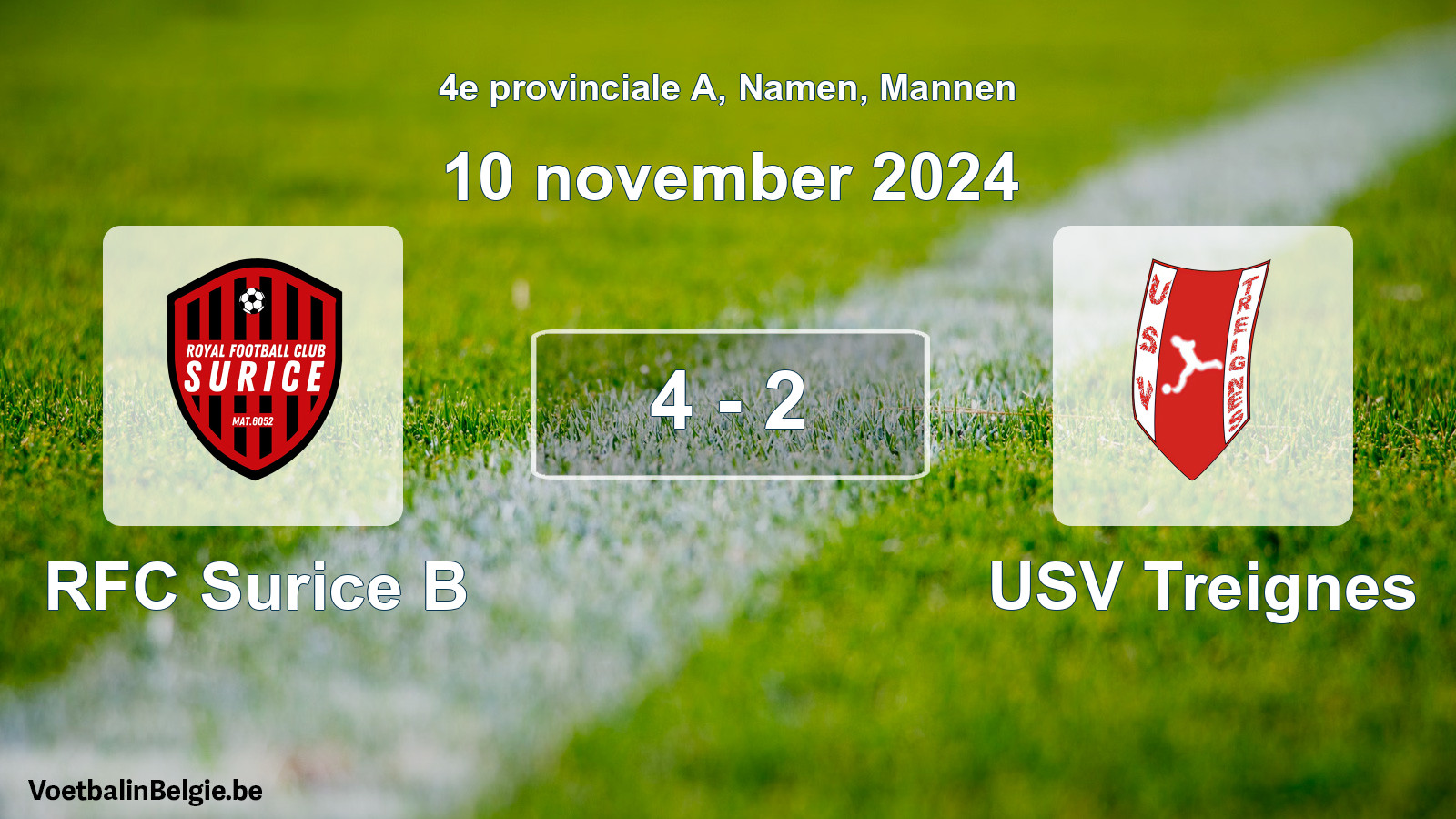 Gespeelde wedstrijd mannenvoetbal: RFC Surice B - USV Treignes 4 - 2 (10 november 2024)
