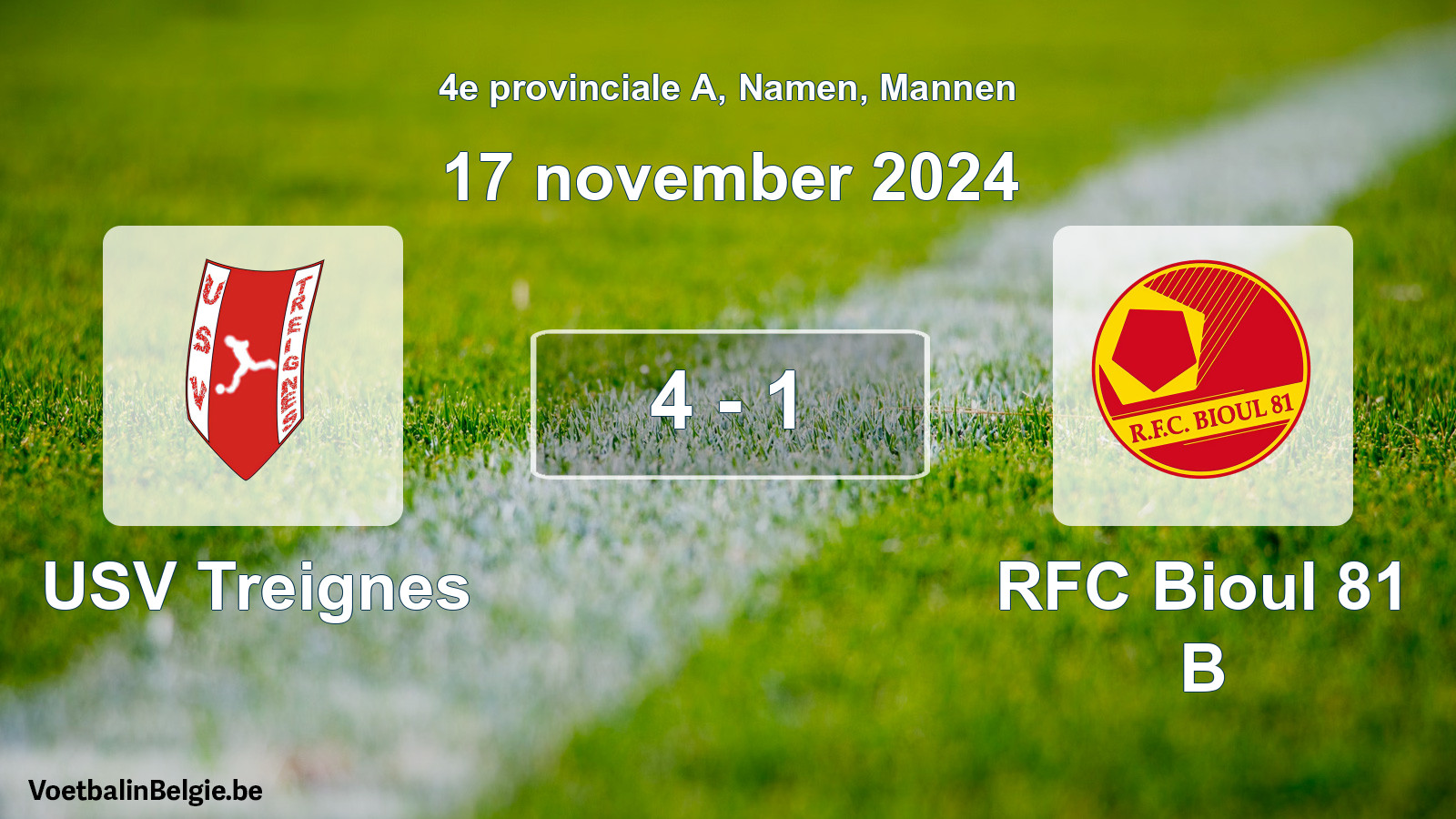 Gespeelde wedstrijd mannenvoetbal: USV Treignes - RFC Bioul 81 B 4 - 1 (17 november 2024)