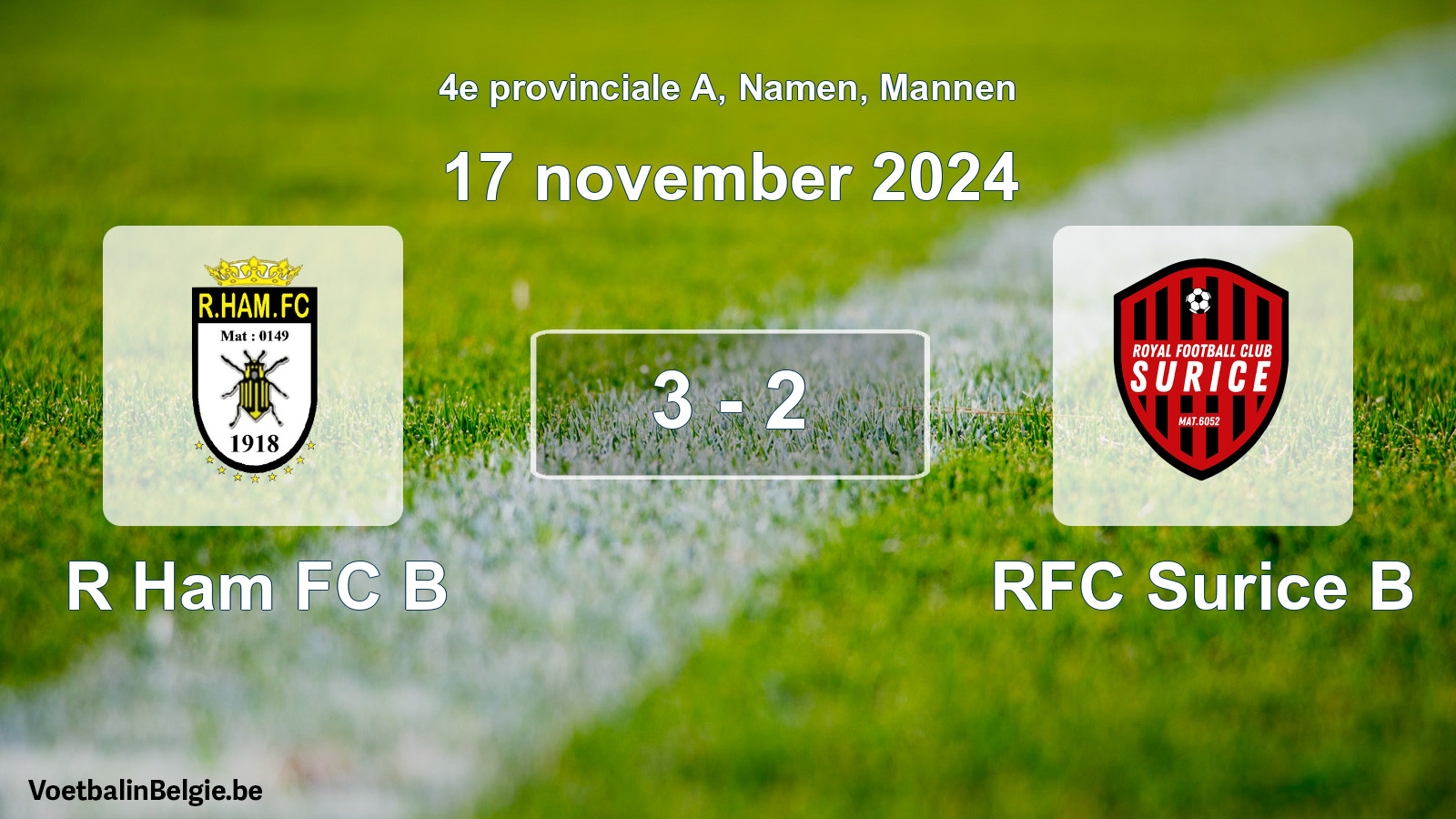 Gespeelde wedstrijd mannenvoetbal: R Ham FC B - RFC Surice B 3 - 2 (17 november 2024)