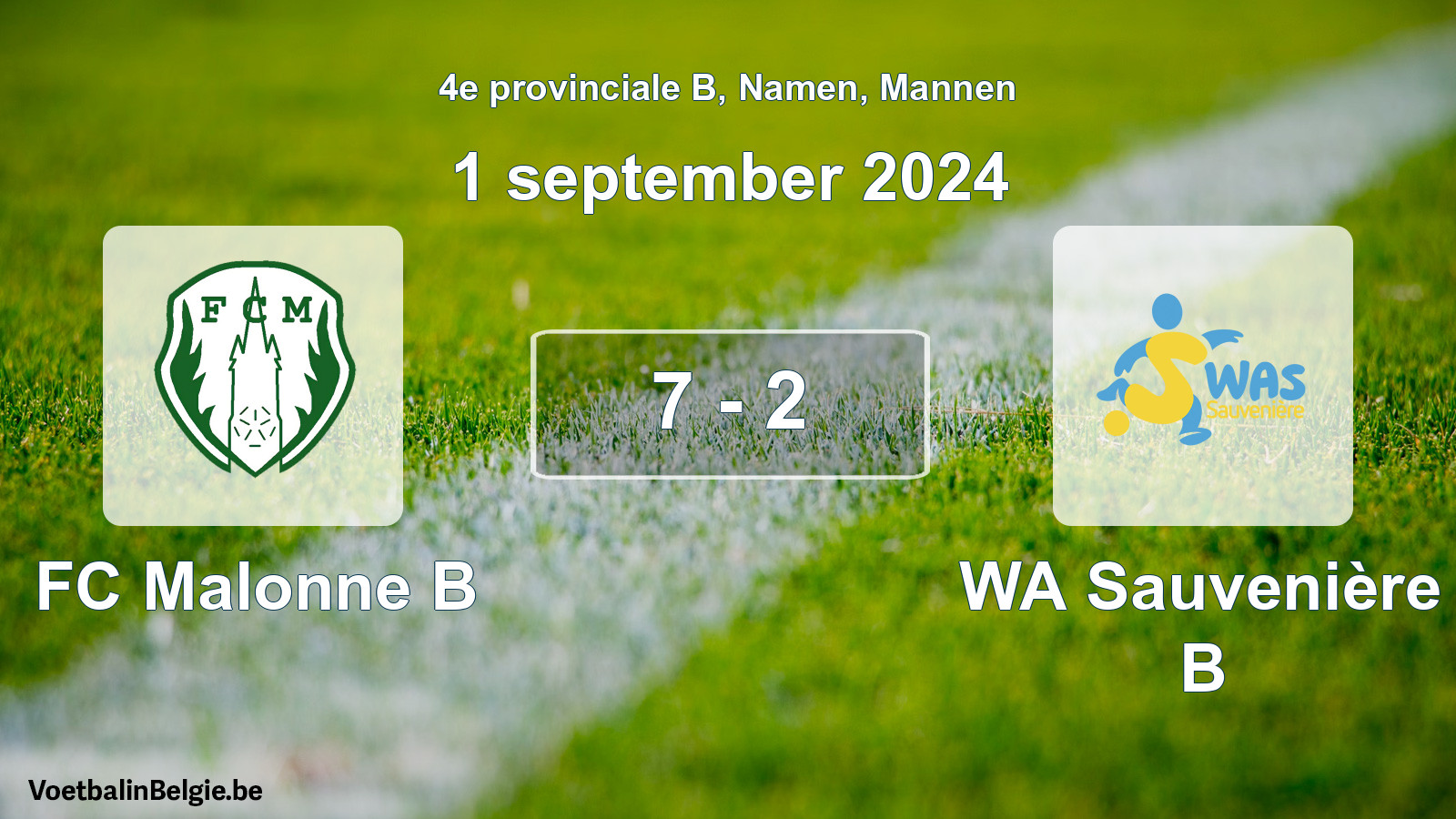 Gespeelde wedstrijd mannenvoetbal: FC Malonne B - WA Sauvenière B 7 - 2 (1 september 2024)