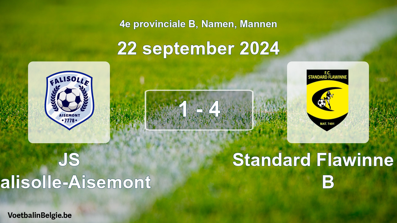 Gespeelde wedstrijd mannenvoetbal: JS Falisolle-Aisemont - Standard Flawinne FC B 1 - 4 (22 september 2024)