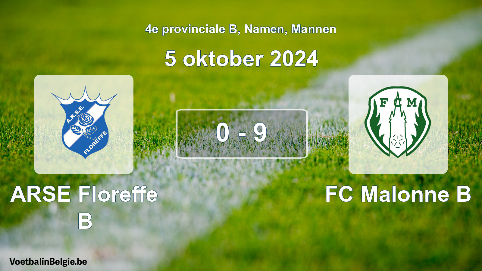 Gespeelde wedstrijd mannenvoetbal: ARSE Floreffe B - FC Malonne B 0 - 9 (5 oktober 2024)