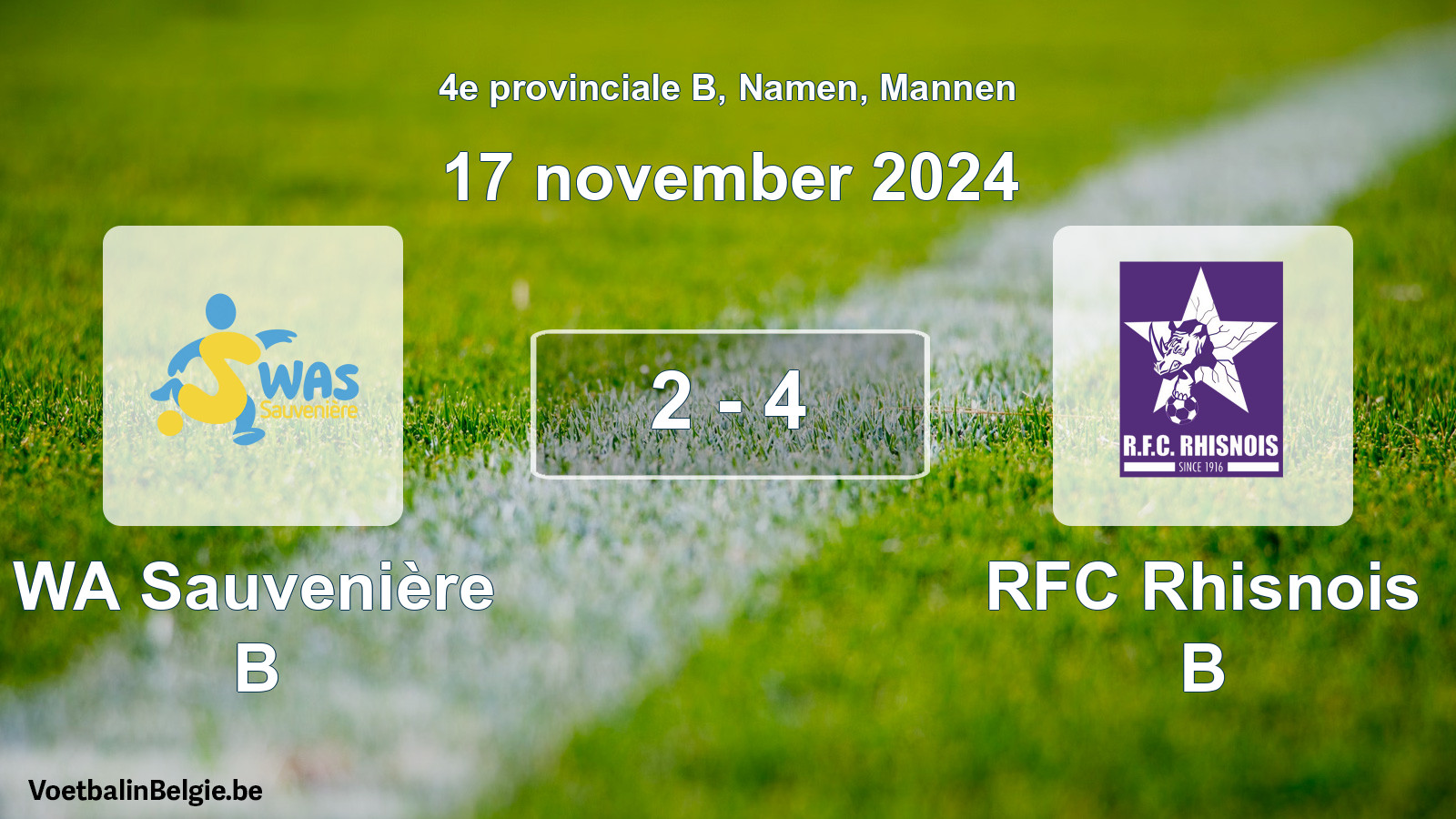Gespeelde wedstrijd mannenvoetbal: WA Sauvenière B - RFC Rhisnois B 2 - 4 (17 november 2024)