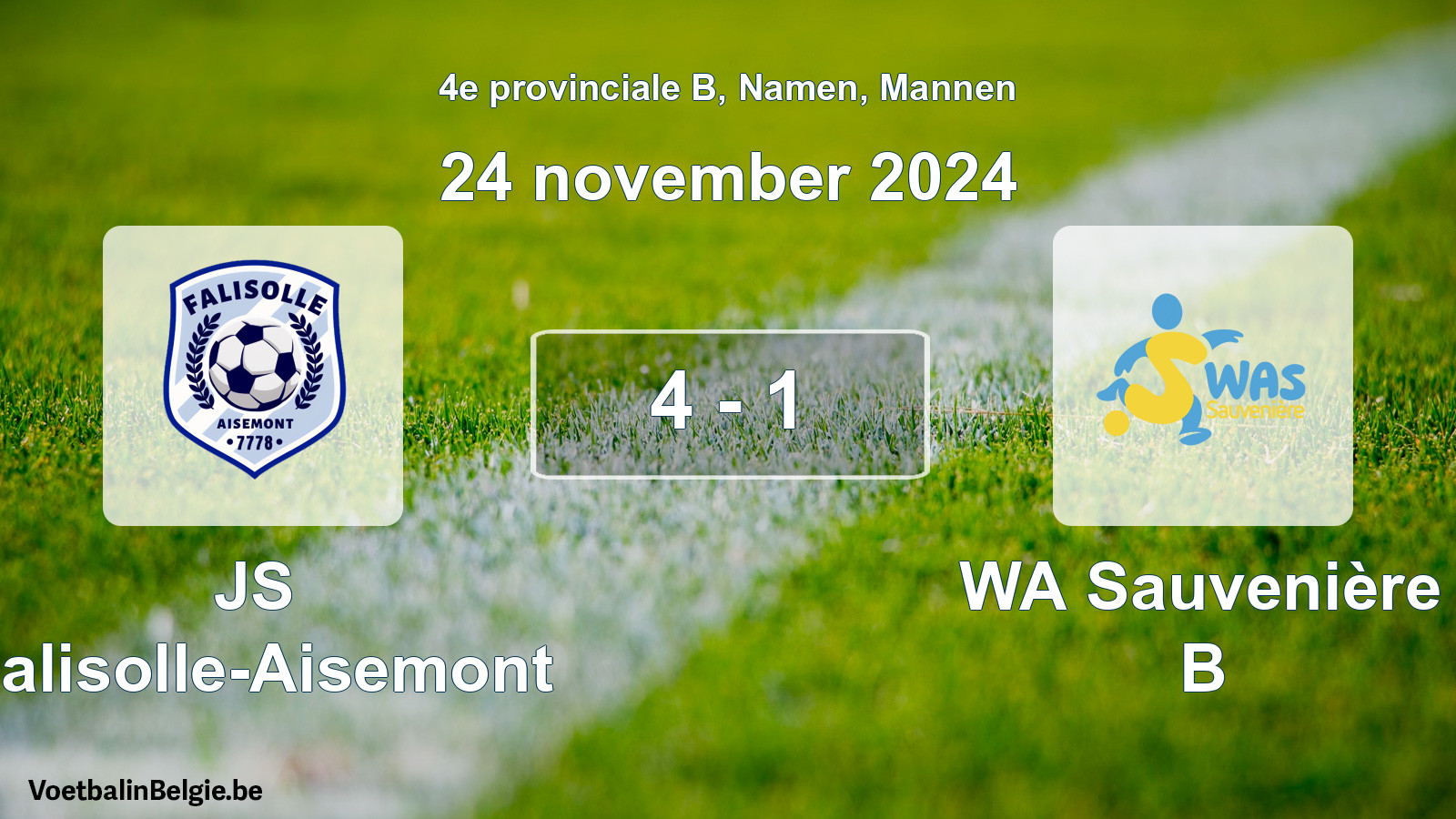 Gespeelde wedstrijd mannenvoetbal: JS Falisolle-Aisemont - WA Sauvenière B 4 - 1 (24 november 2024)
