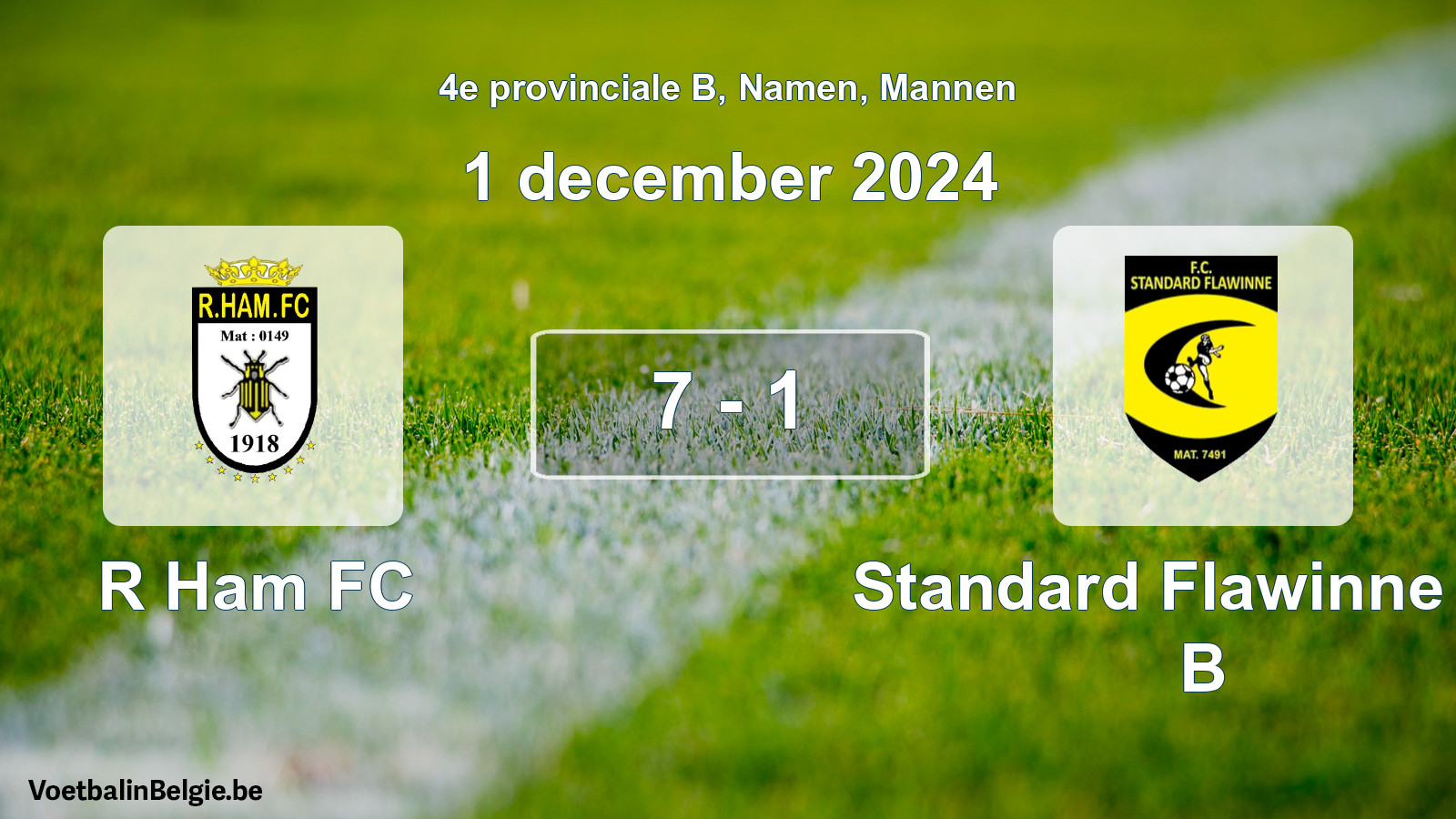 Gespeelde wedstrijd mannenvoetbal: R Ham FC - Standard Flawinne FC B 7 - 1 (1 december 2024)