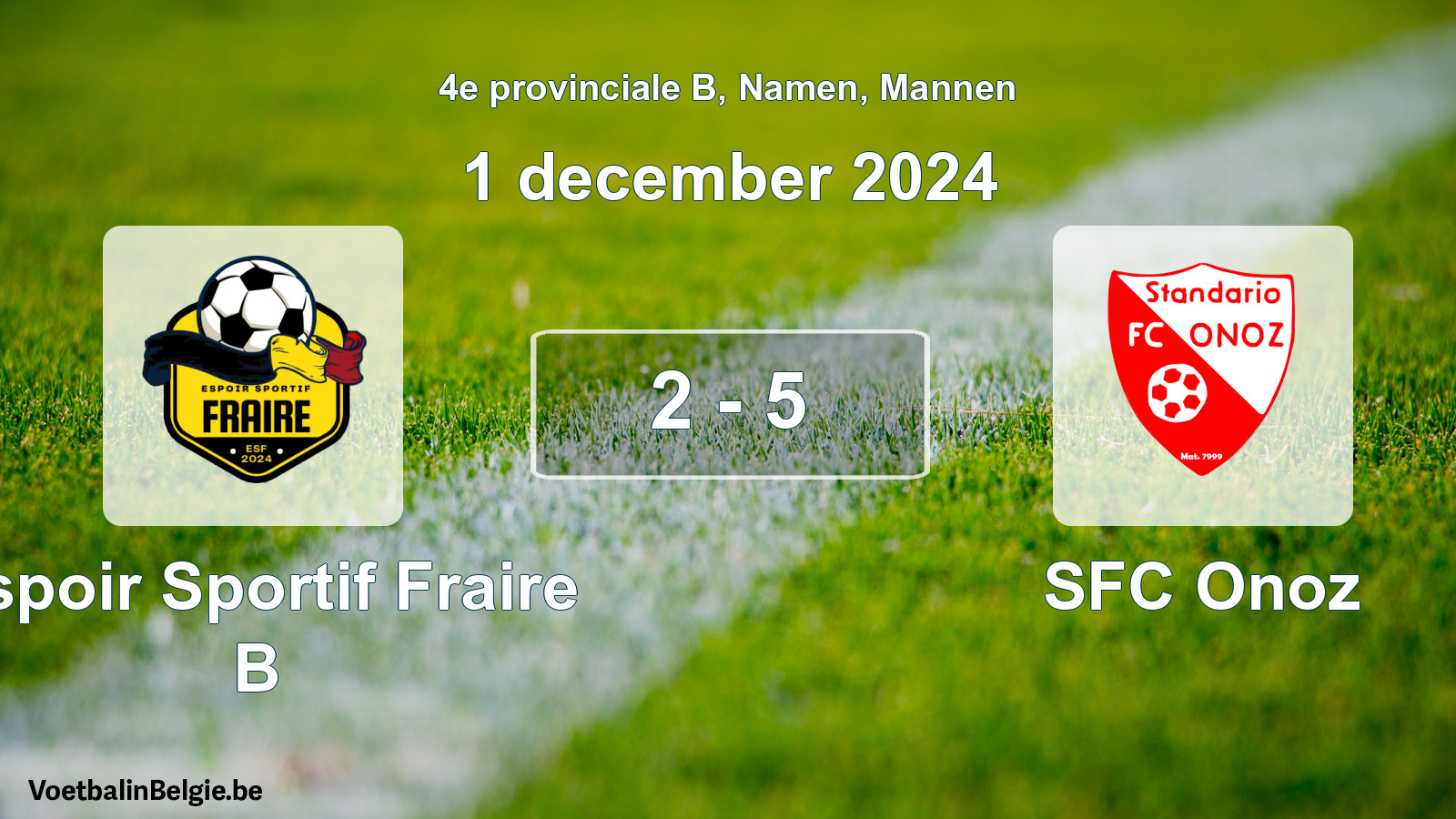 Gespeelde wedstrijd mannenvoetbal: Espoir Sportif Fraire B - SFC Onoz 2 - 5 (1 december 2024)