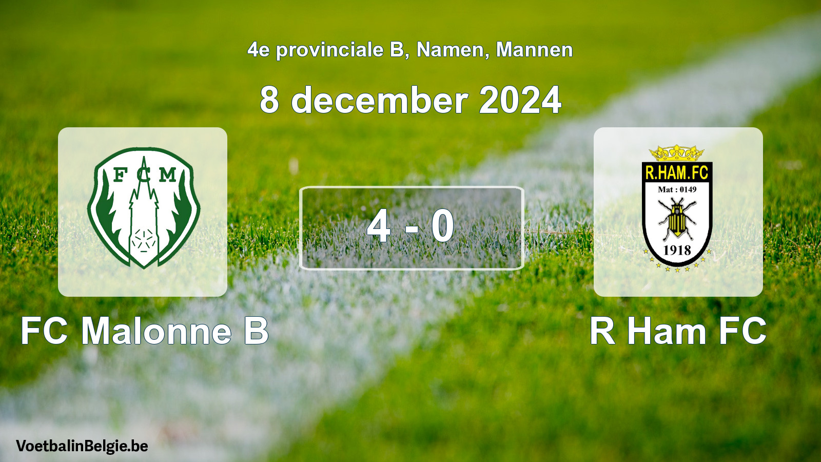 Gespeelde wedstrijd mannenvoetbal: FC Malonne B - R Ham FC 4 - 0 (8 december 2024)