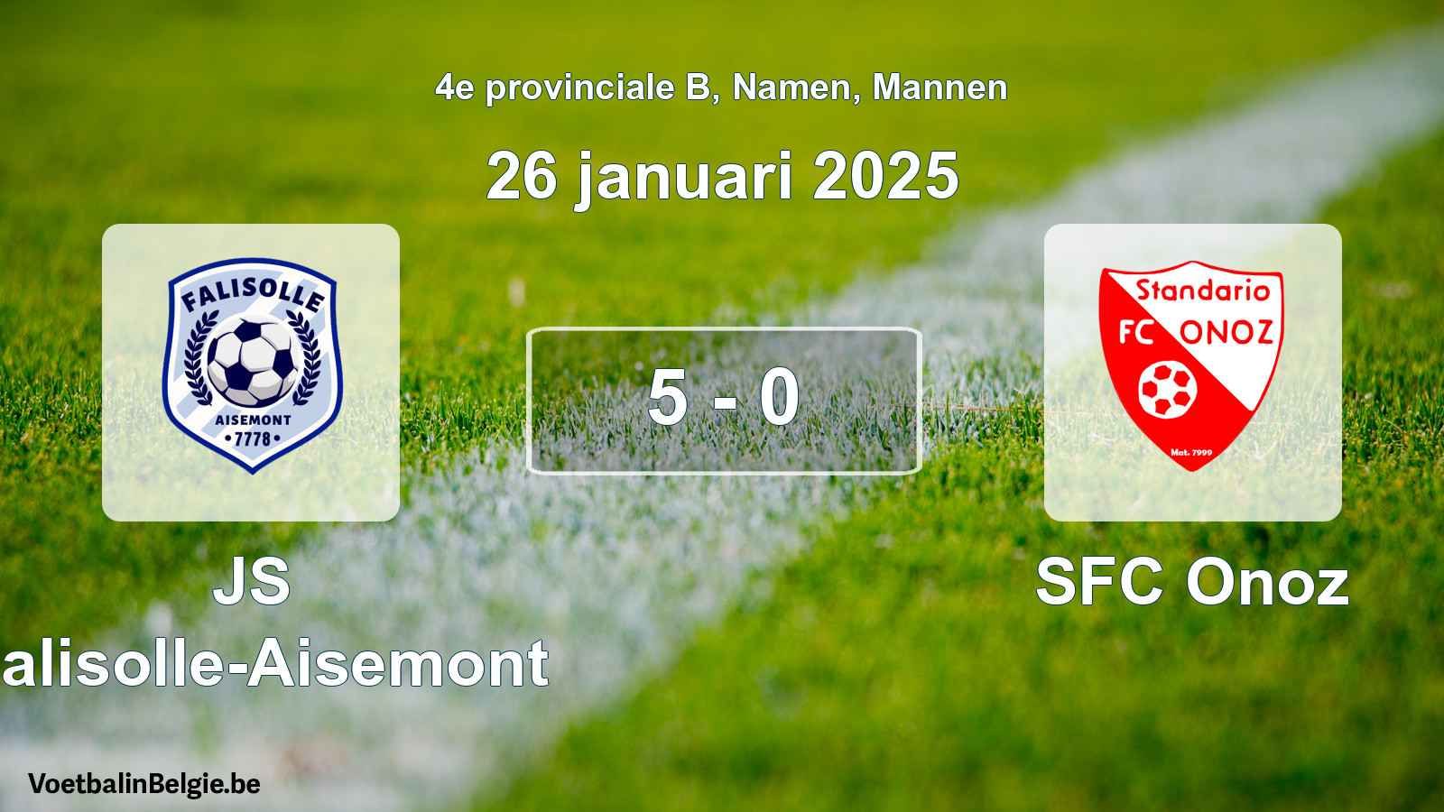 Gespeelde wedstrijd mannenvoetbal: JS Falisolle-Aisemont - SFC Onoz 5 - 0 (26 januari 2025)