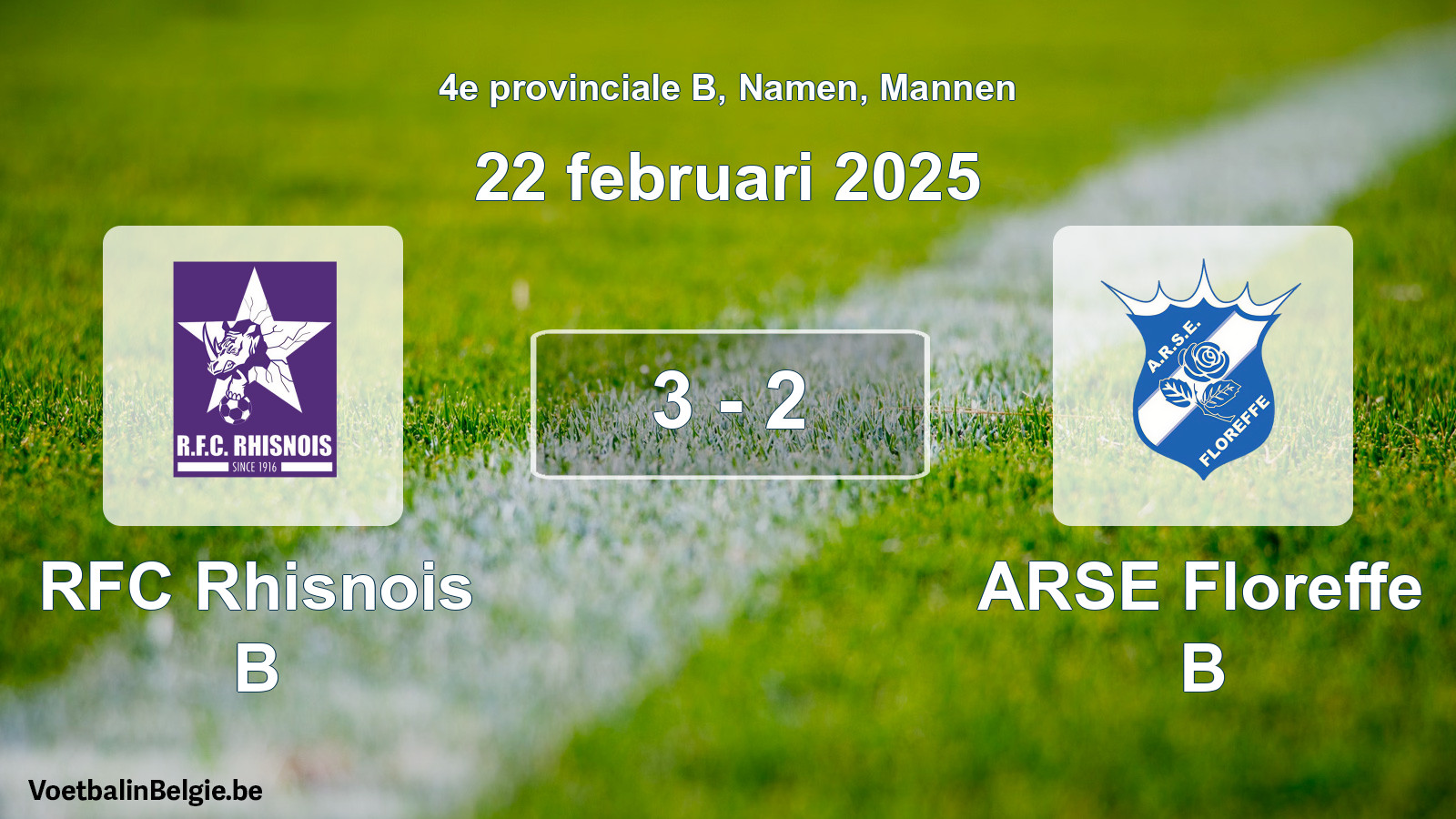 Gespeelde wedstrijd mannenvoetbal: RFC Rhisnois B - ARSE Floreffe B 3 - 2 (22 februari 2025)