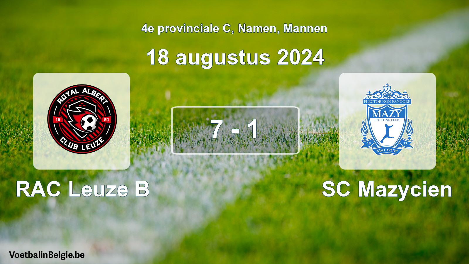 Gespeelde wedstrijd mannenvoetbal: RAC Leuze B - SC Mazycien 7 - 1 (18 augustus 2024)