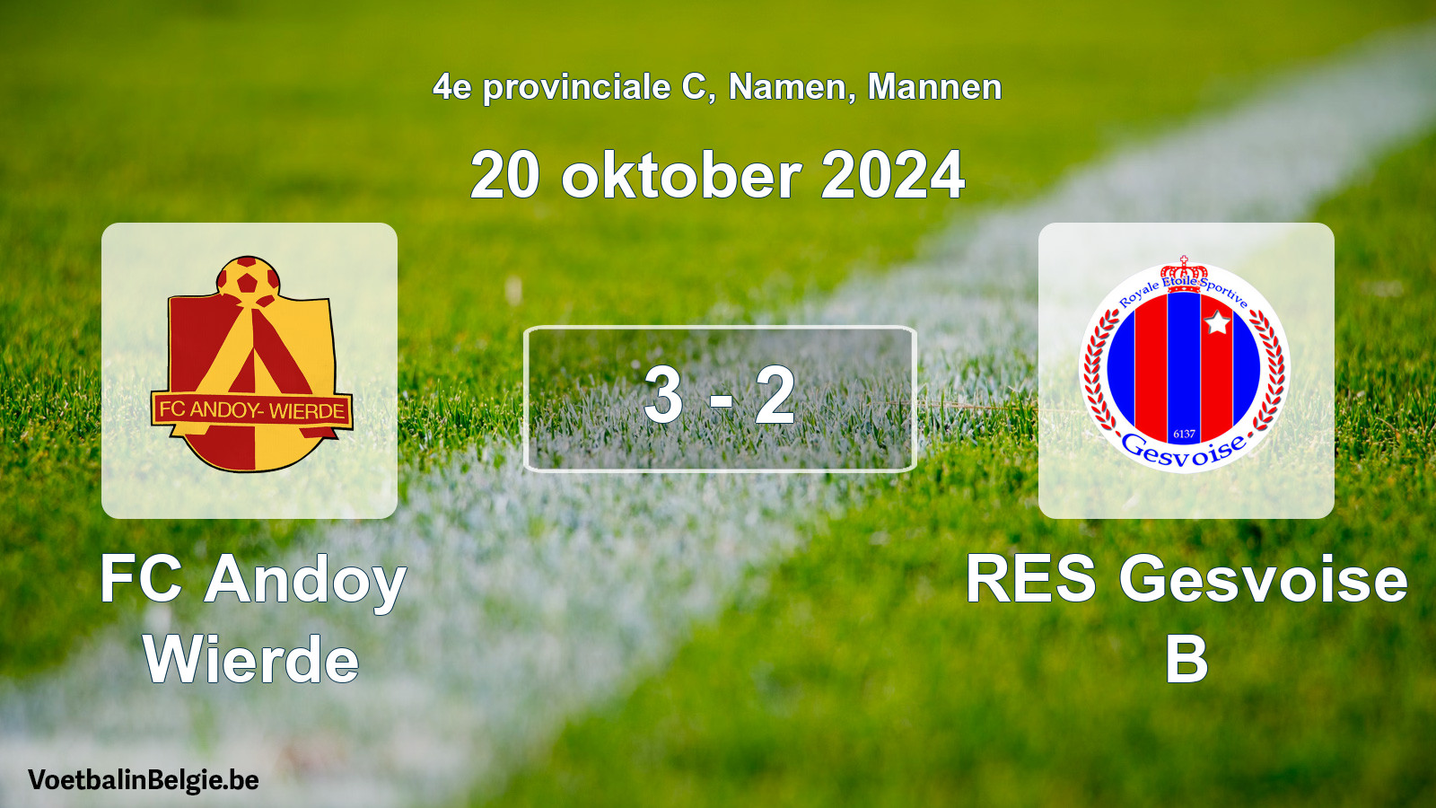Gespeelde wedstrijd mannenvoetbal: FC Andoy Wierde - RES Gesvoise B 3 - 2 (20 oktober 2024)