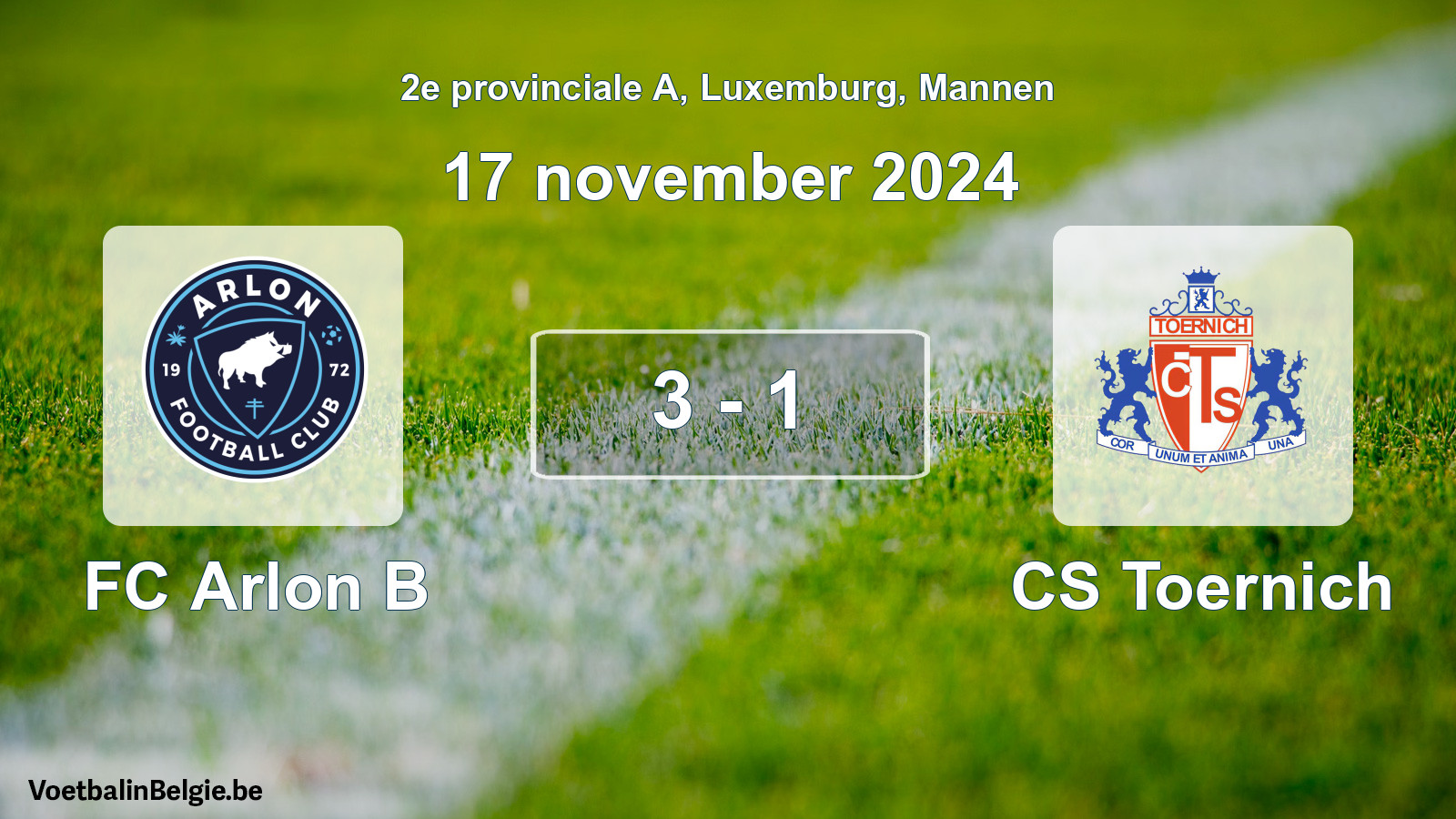 Gespeelde wedstrijd mannenvoetbal: FC Arlon B - CS Toernich 3 - 1 (17 november 2024)